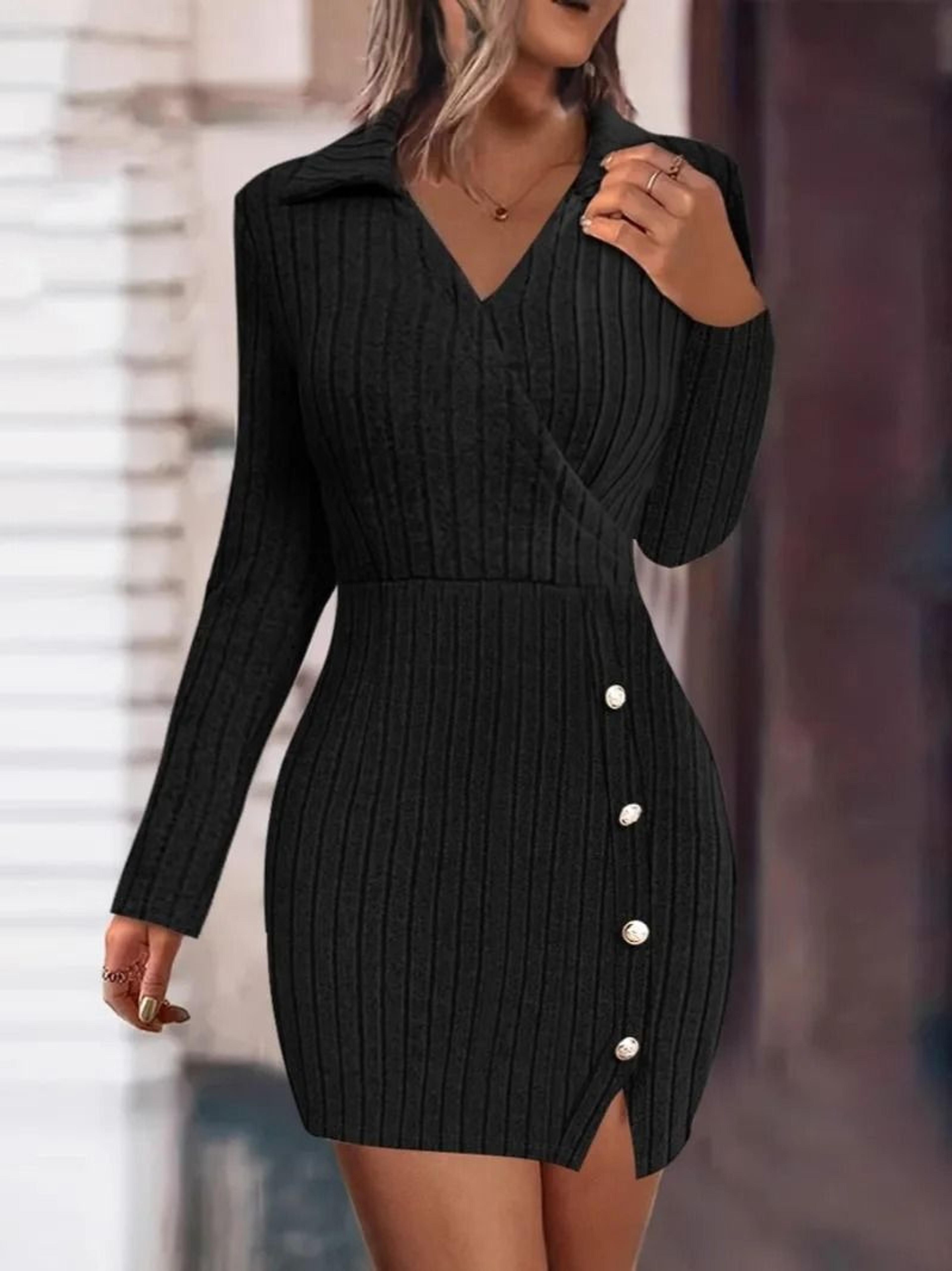 New Autumn And Winter Solid Color VNeck Fitted Bodycon Long Sleeve Dress For Women 0