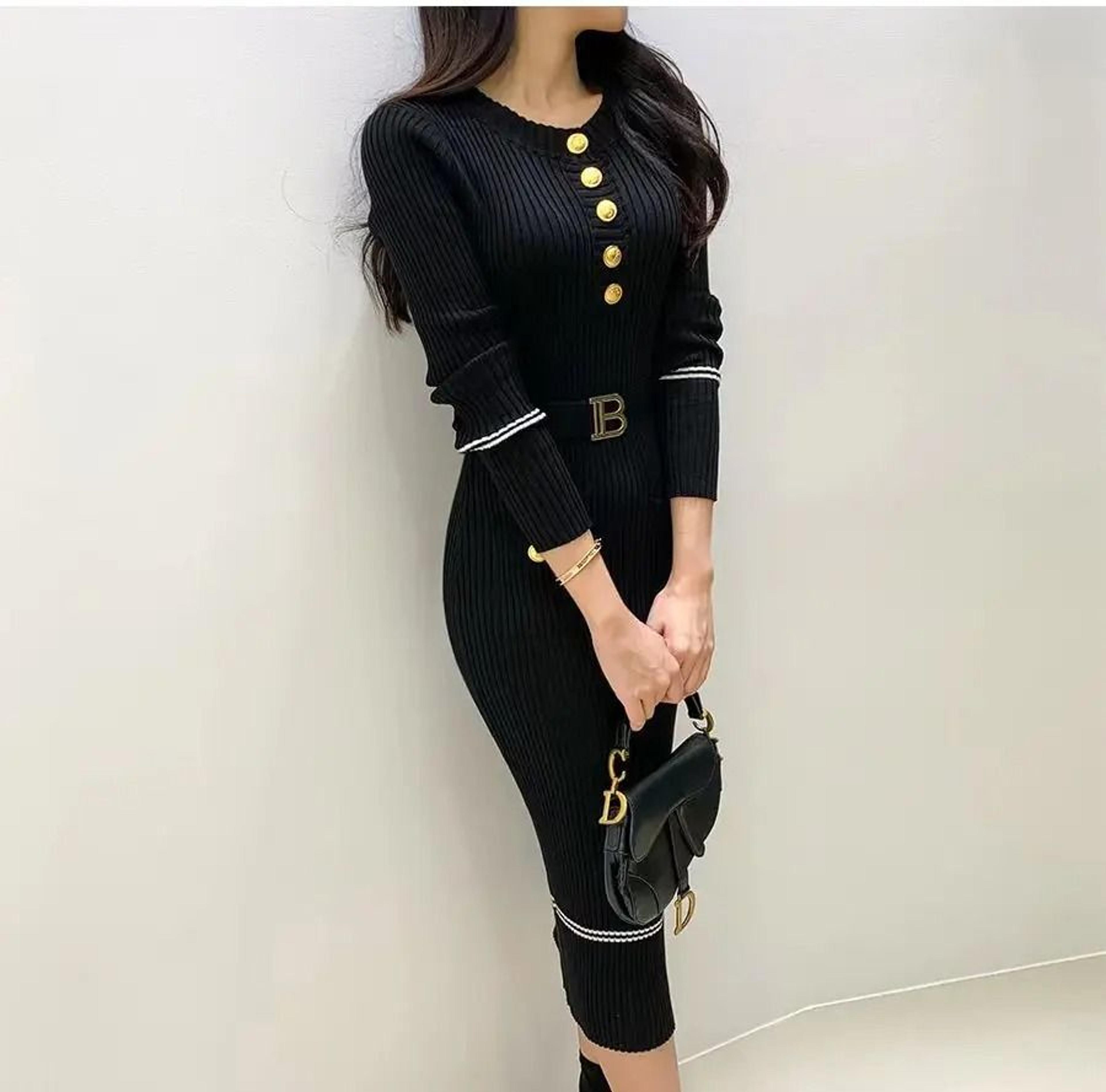 French Style Celebrity Temperament Round Collar Slim Bottom Wrap Hip Autumn Winter Dress 1