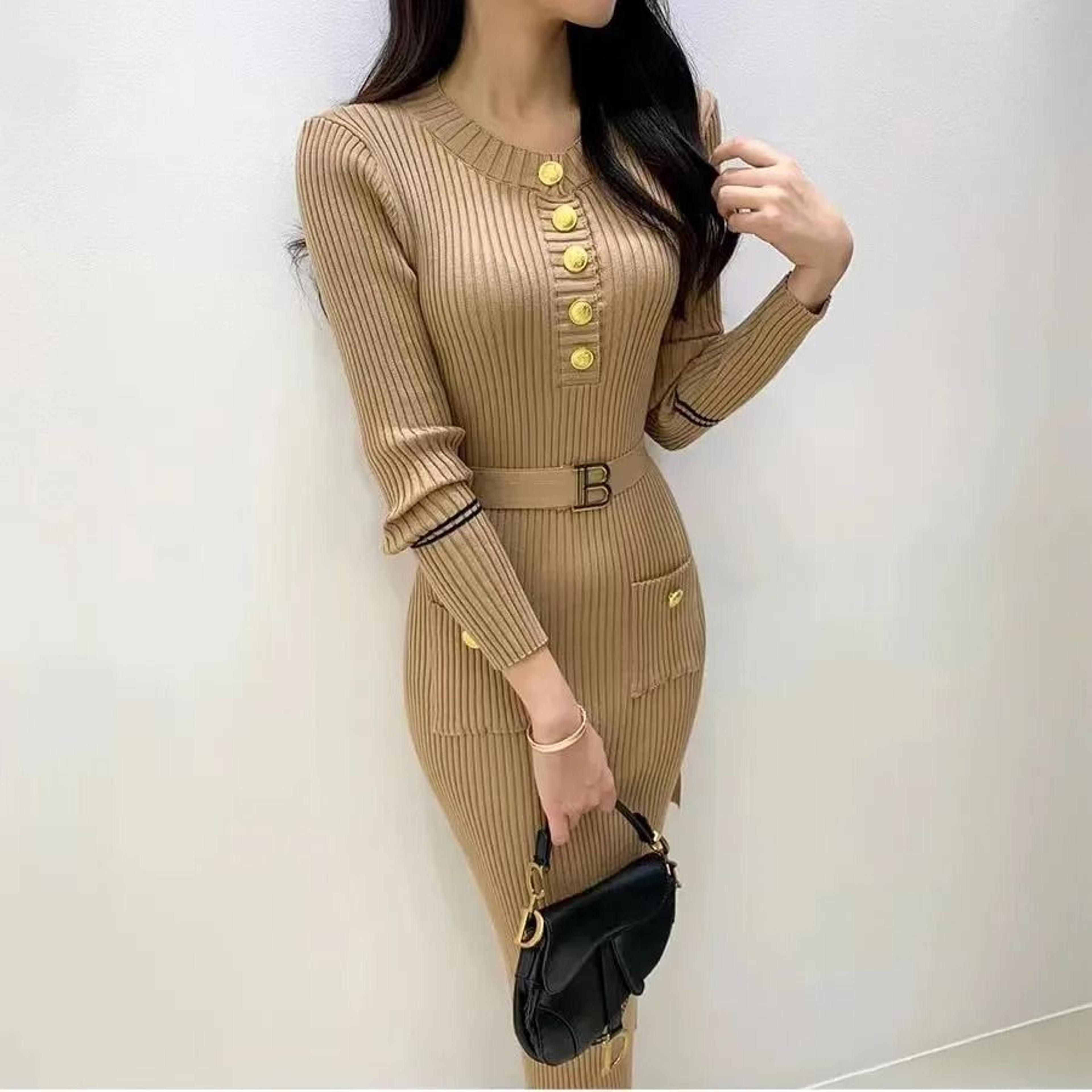 French Style Celebrity Temperament Round Collar Slim Bottom Wrap Hip Autumn Winter Dress 4