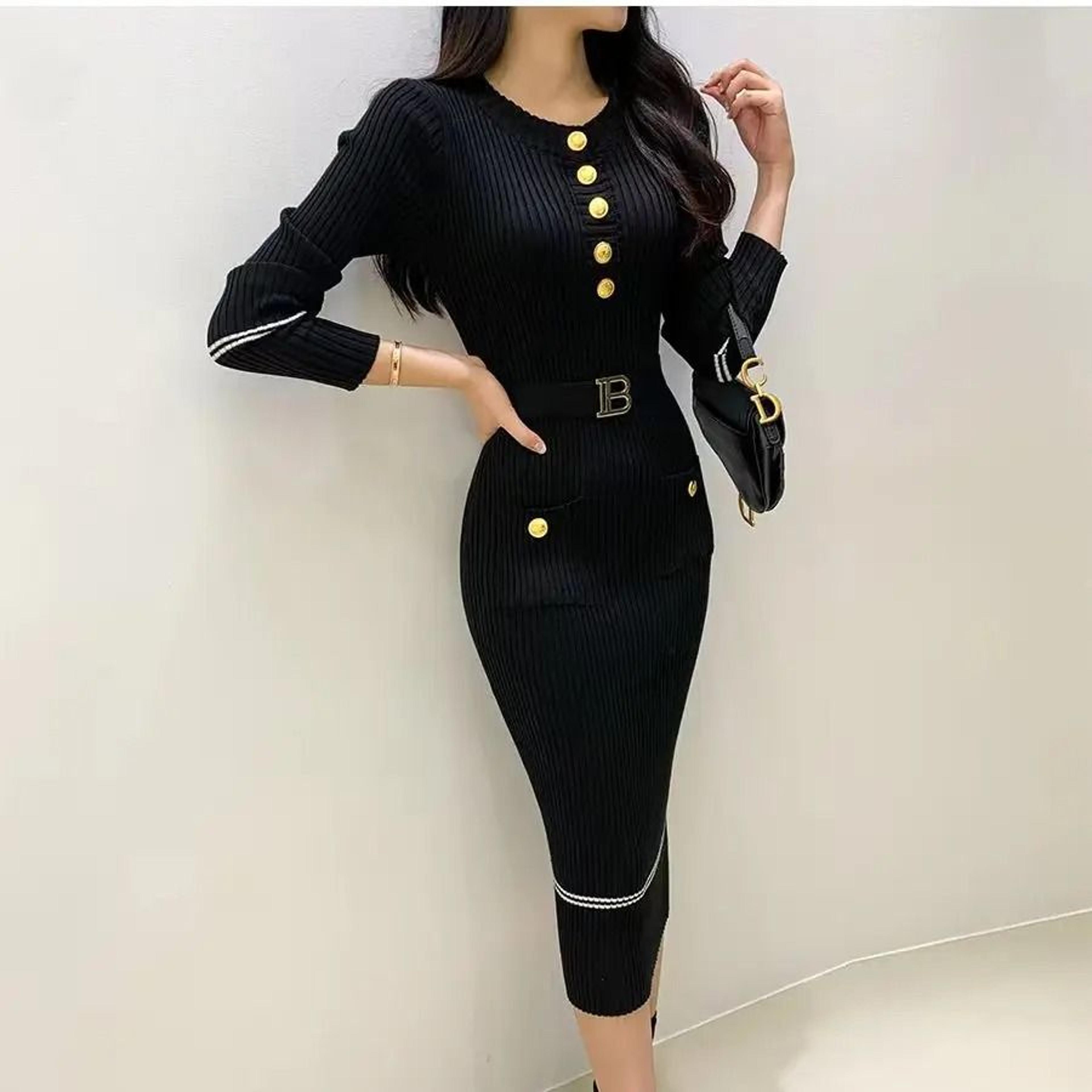 French Style Celebrity Temperament Round Collar Slim Bottom Wrap Hip Autumn Winter Dress 7