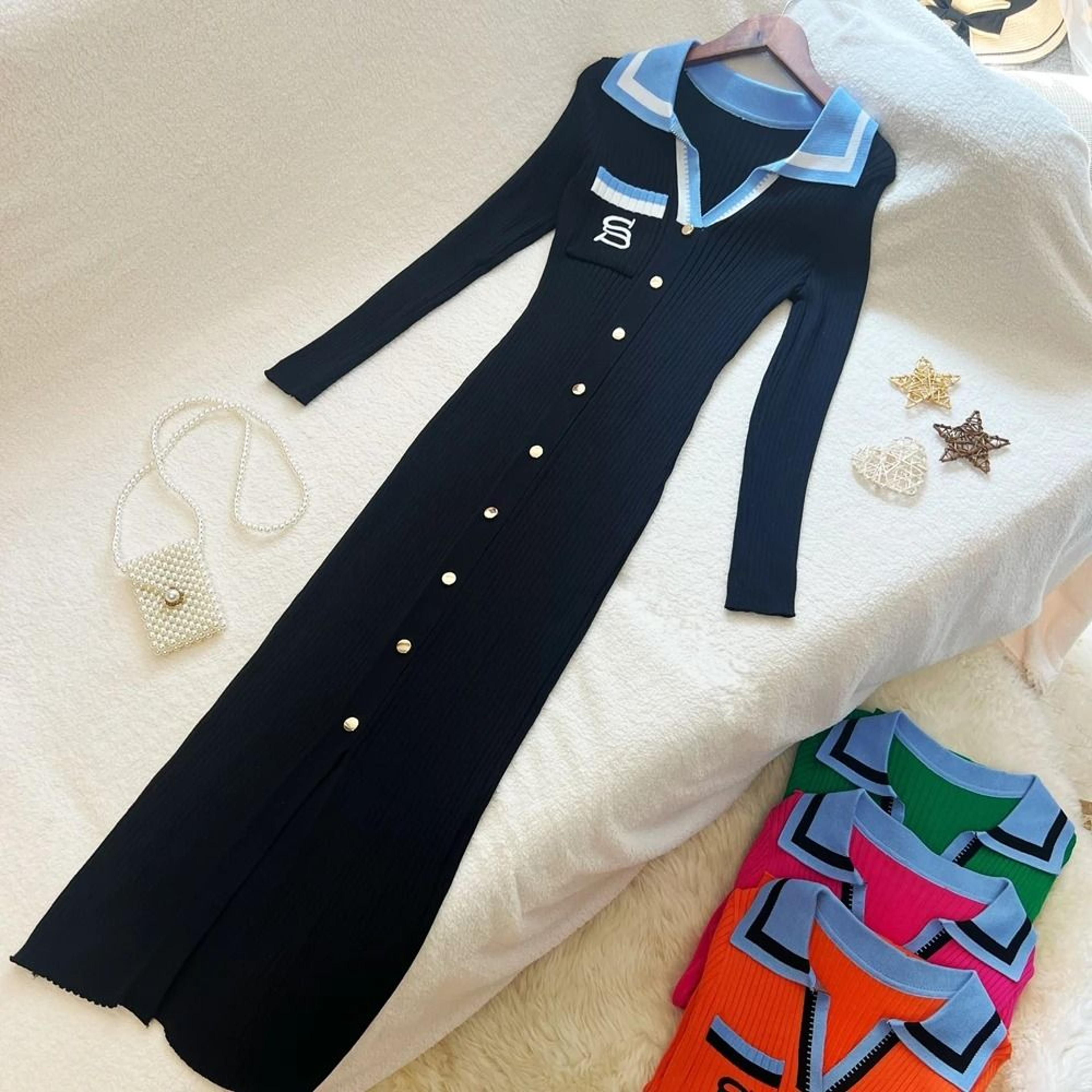 YuooMuoo Women Autumn Winter Y2K Embroidery Slim Elastic Long Sweater Dress Elegant Office Vestido 0