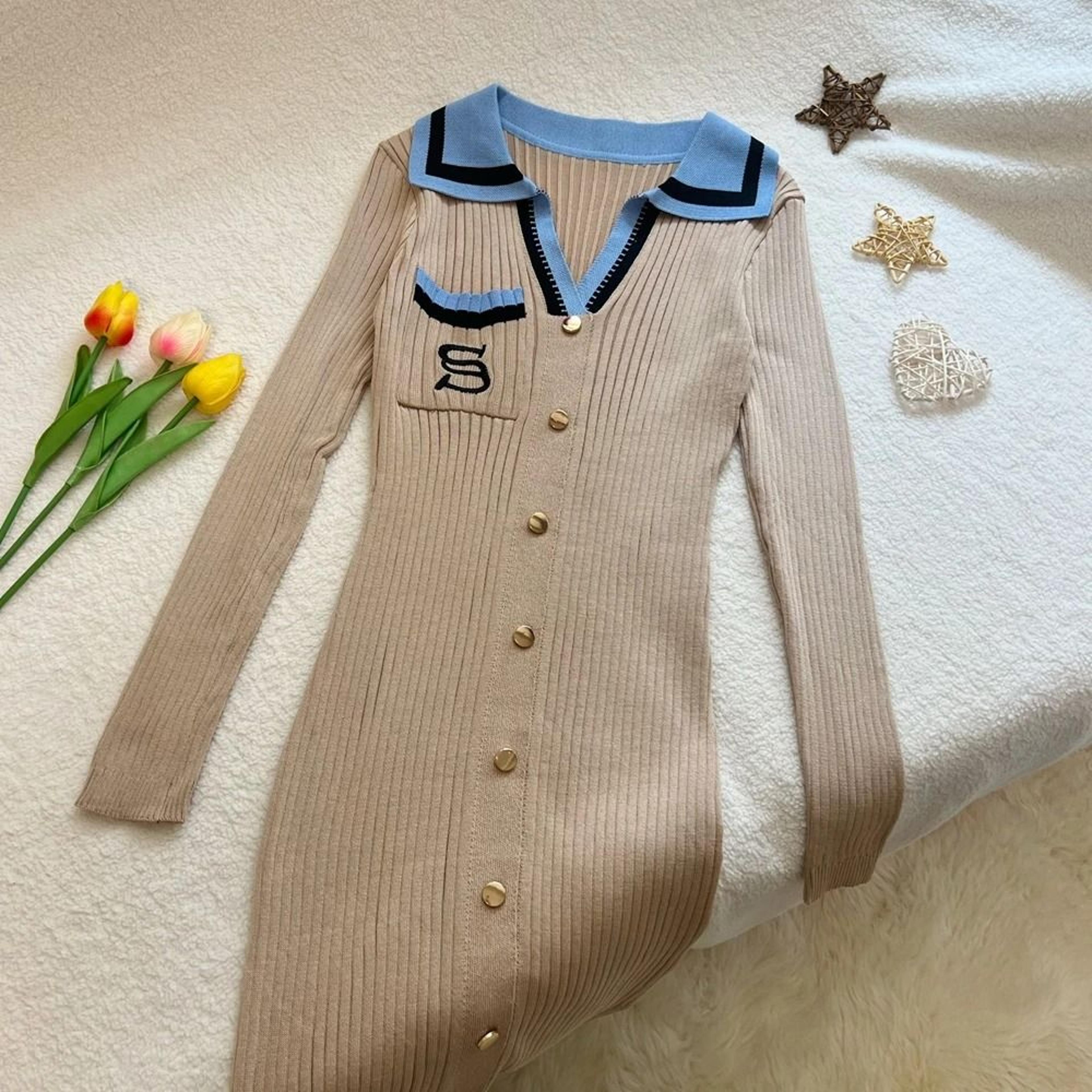 YuooMuoo Women Autumn Winter Y2K Embroidery Slim Elastic Long Sweater Dress Elegant Office Vestido 4