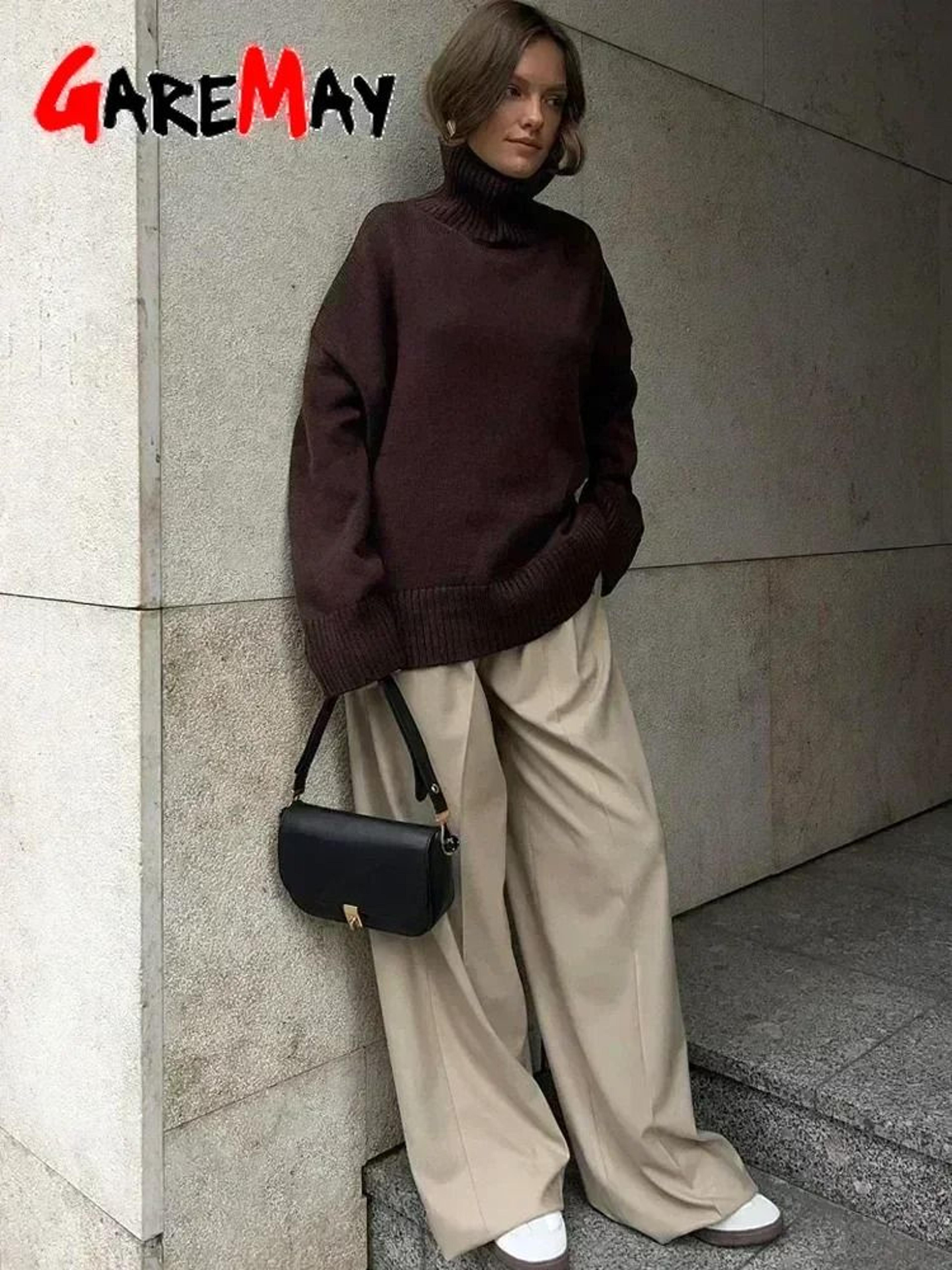 Autumn Oversized HighCollar Knitted Sweater  Vintage Soft Pullover For Winter Warmth 5