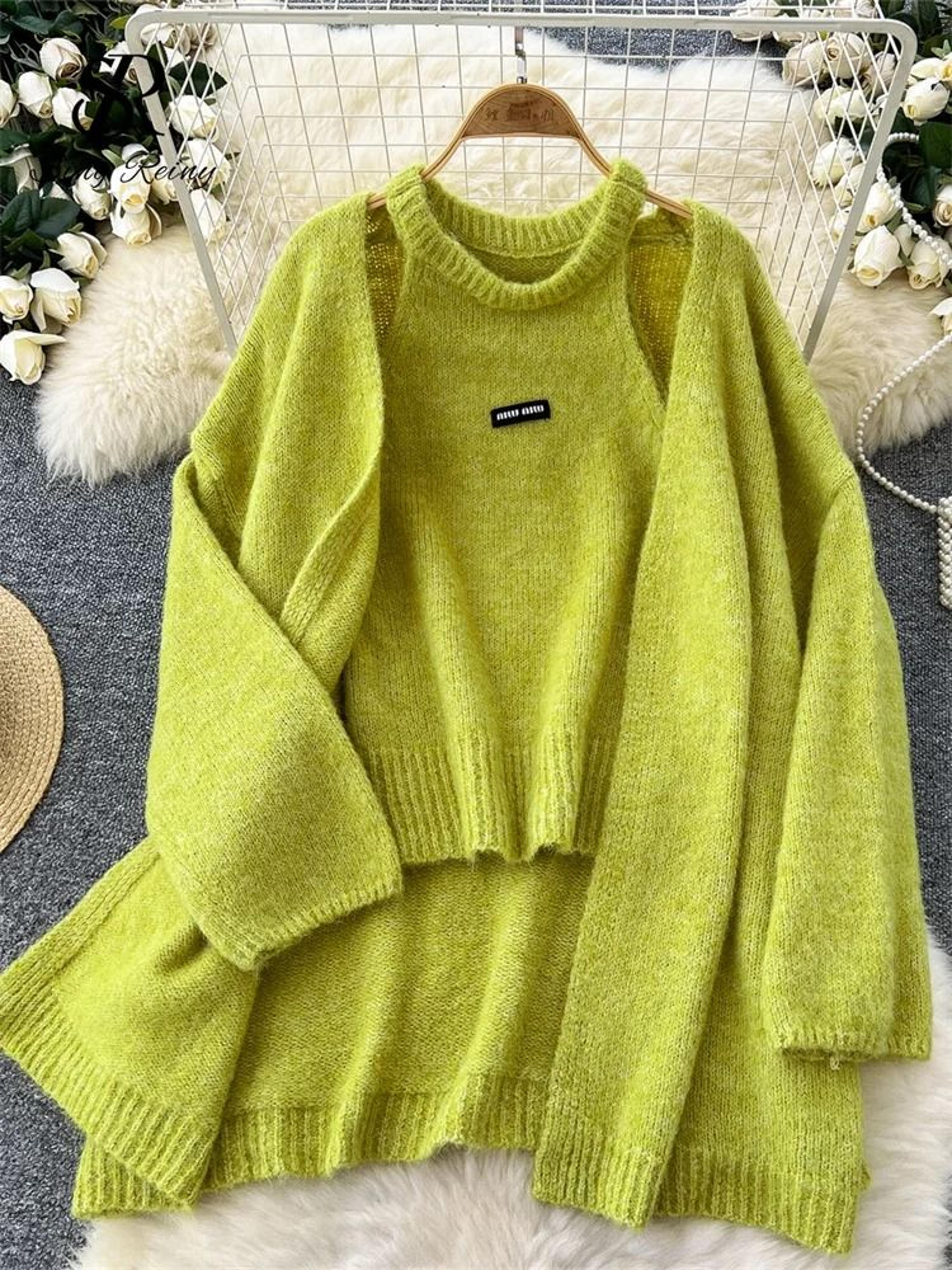 SINGREINY Fashion Solid Cashmere 2Piece Set  Loose Warm Cardigan  Sleeveless Knitting Tank Top 4