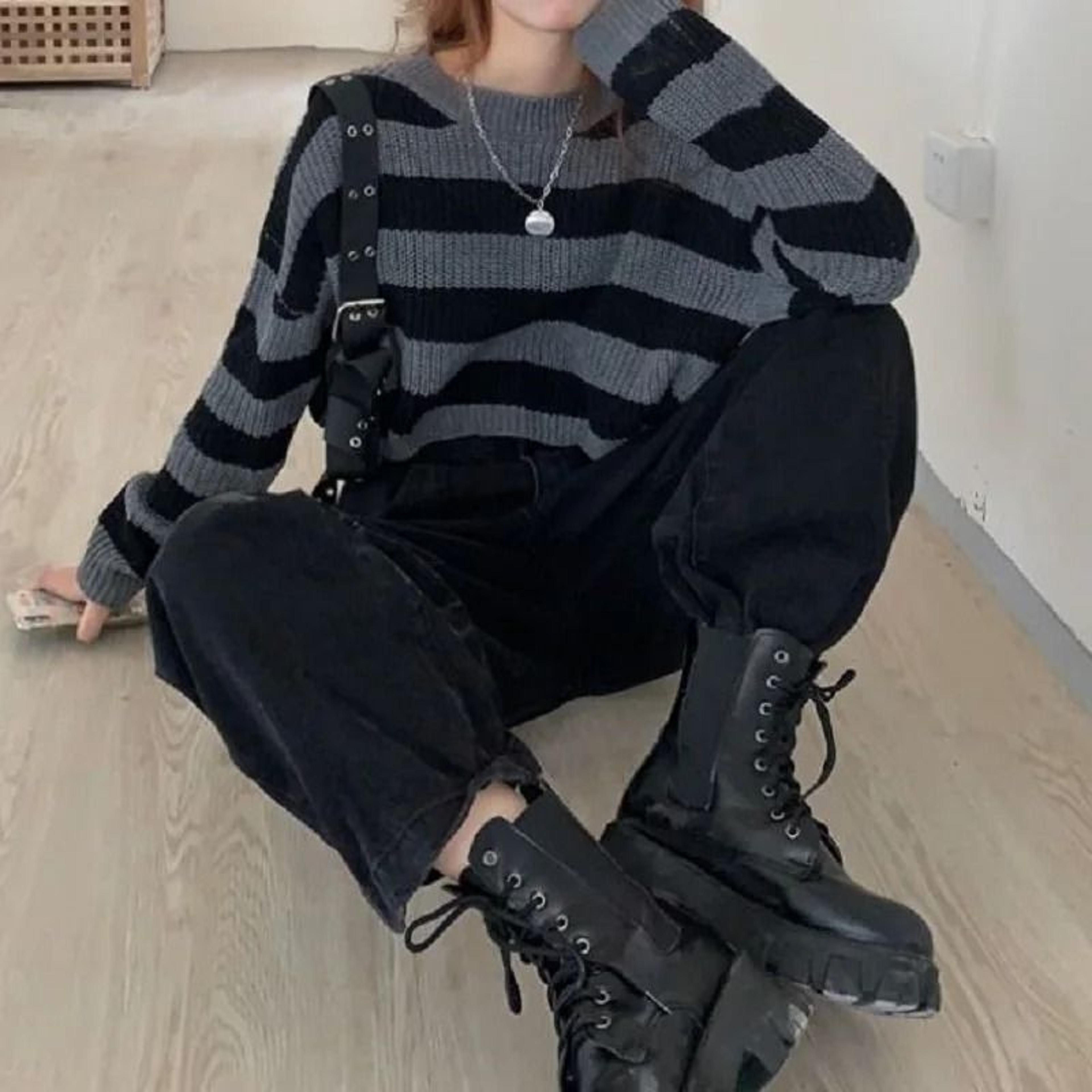 Korean Style Striped Cropped Sweater  Vintage Oversized Knit Jumper For Autumn  Winter 2