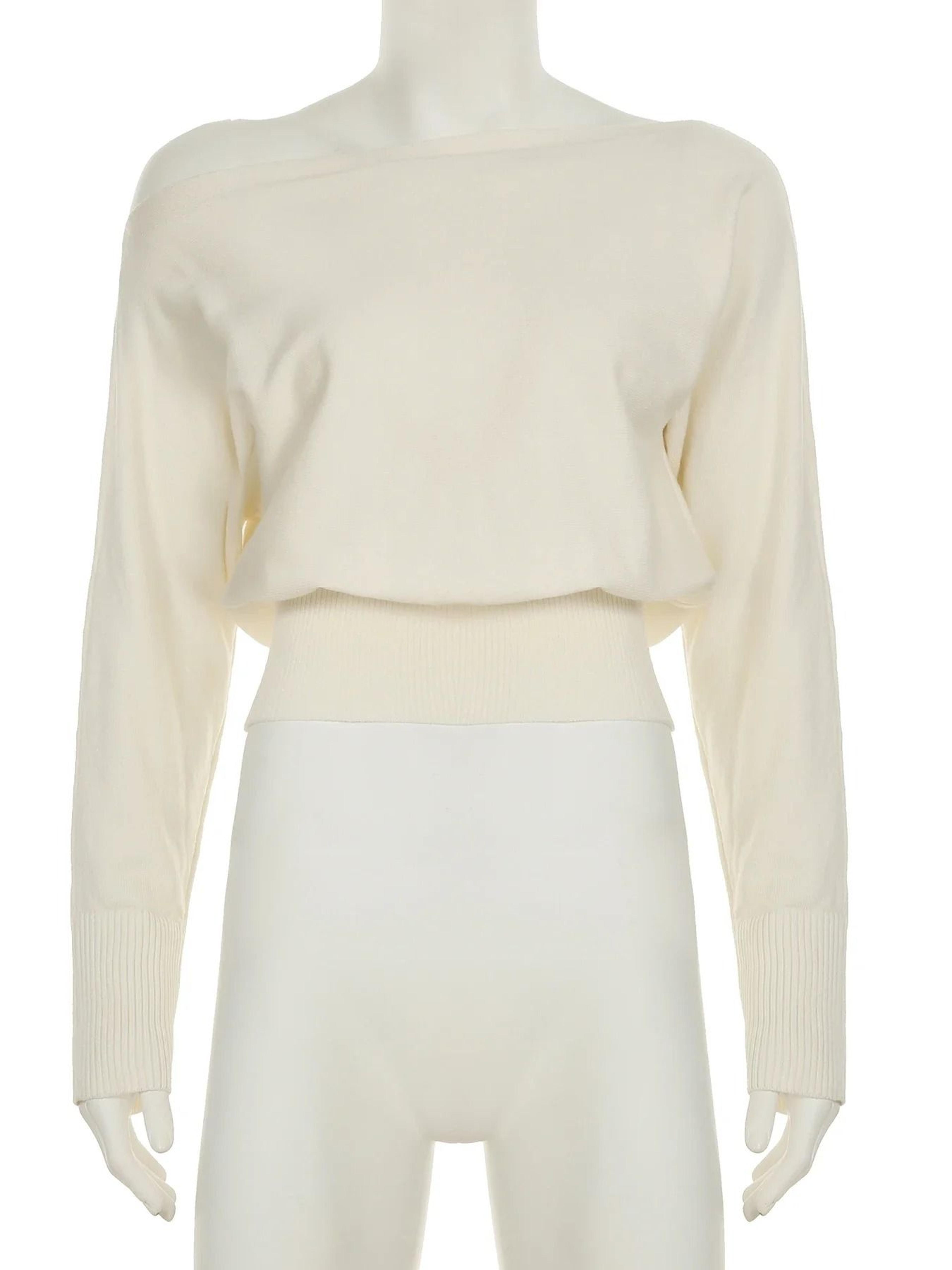 Womens Solid OffShoulder Knit Sweater  Elegant Slash Neck Loose Pullover For Autumn  Winter 3