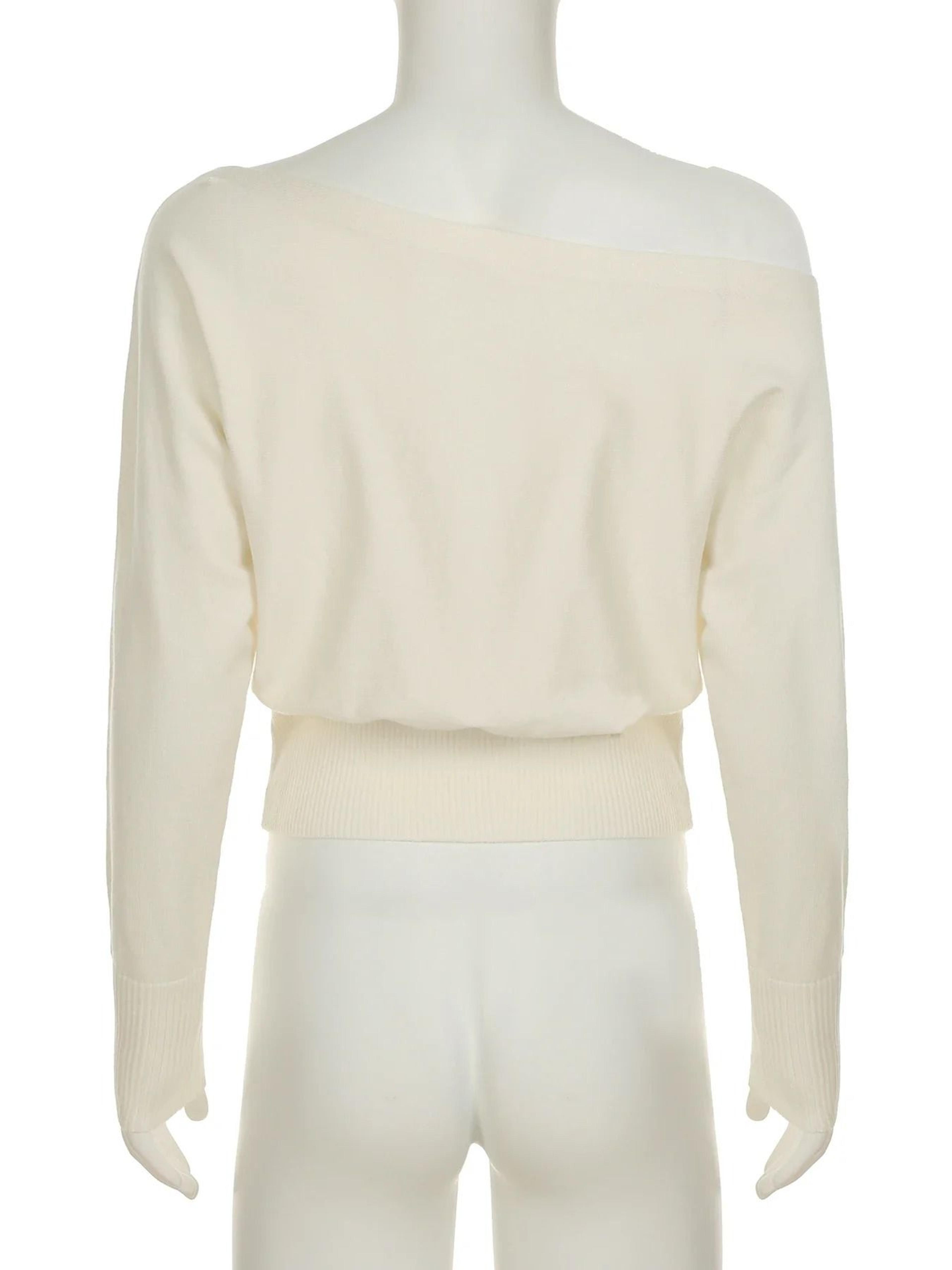 Womens Solid OffShoulder Knit Sweater  Elegant Slash Neck Loose Pullover For Autumn  Winter 5