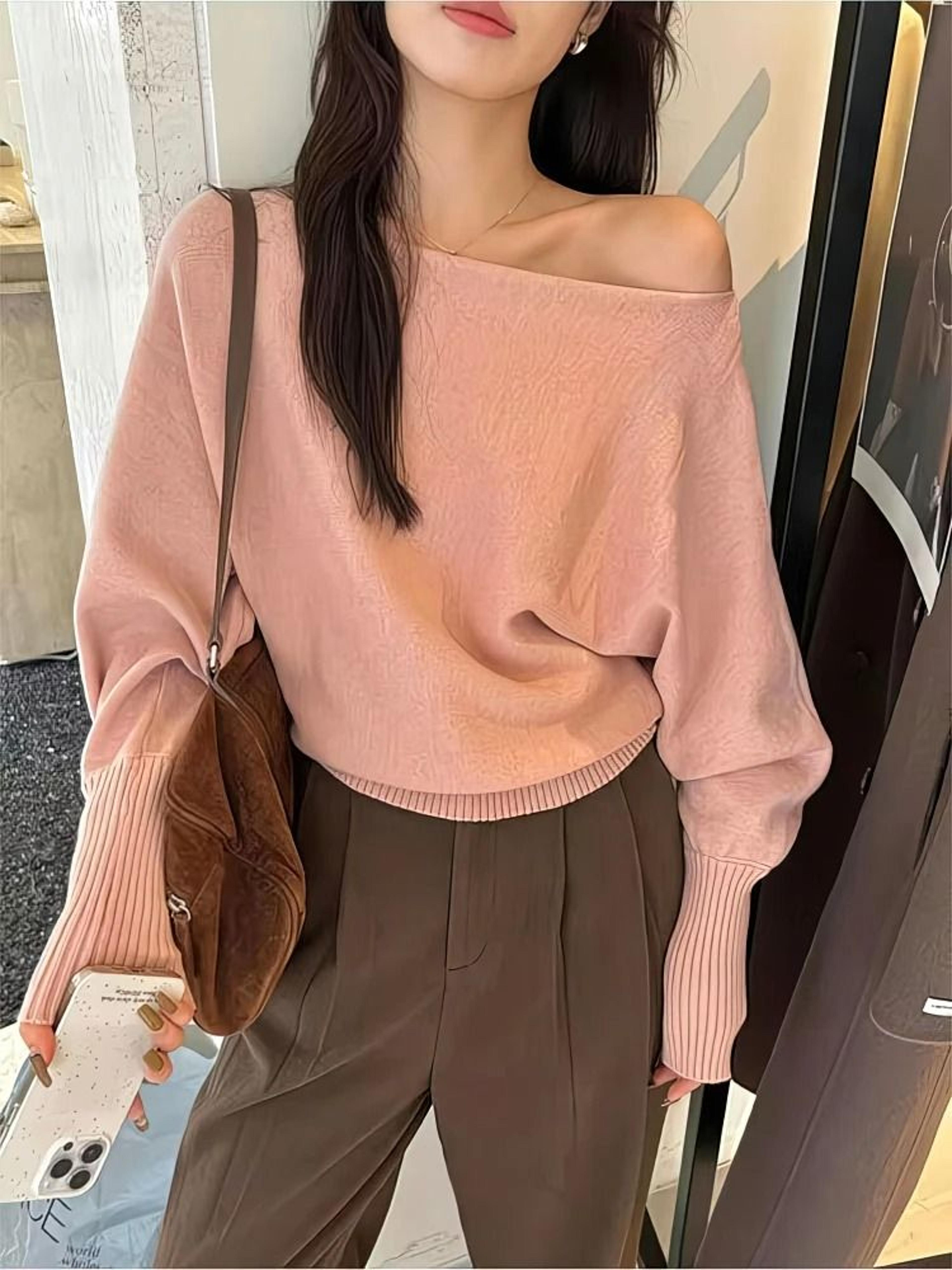 300g Thick Batwing Long Sleeve Pullover  Korean Fashion OffShoulder Sweater  Loose Autumn Outwear 5