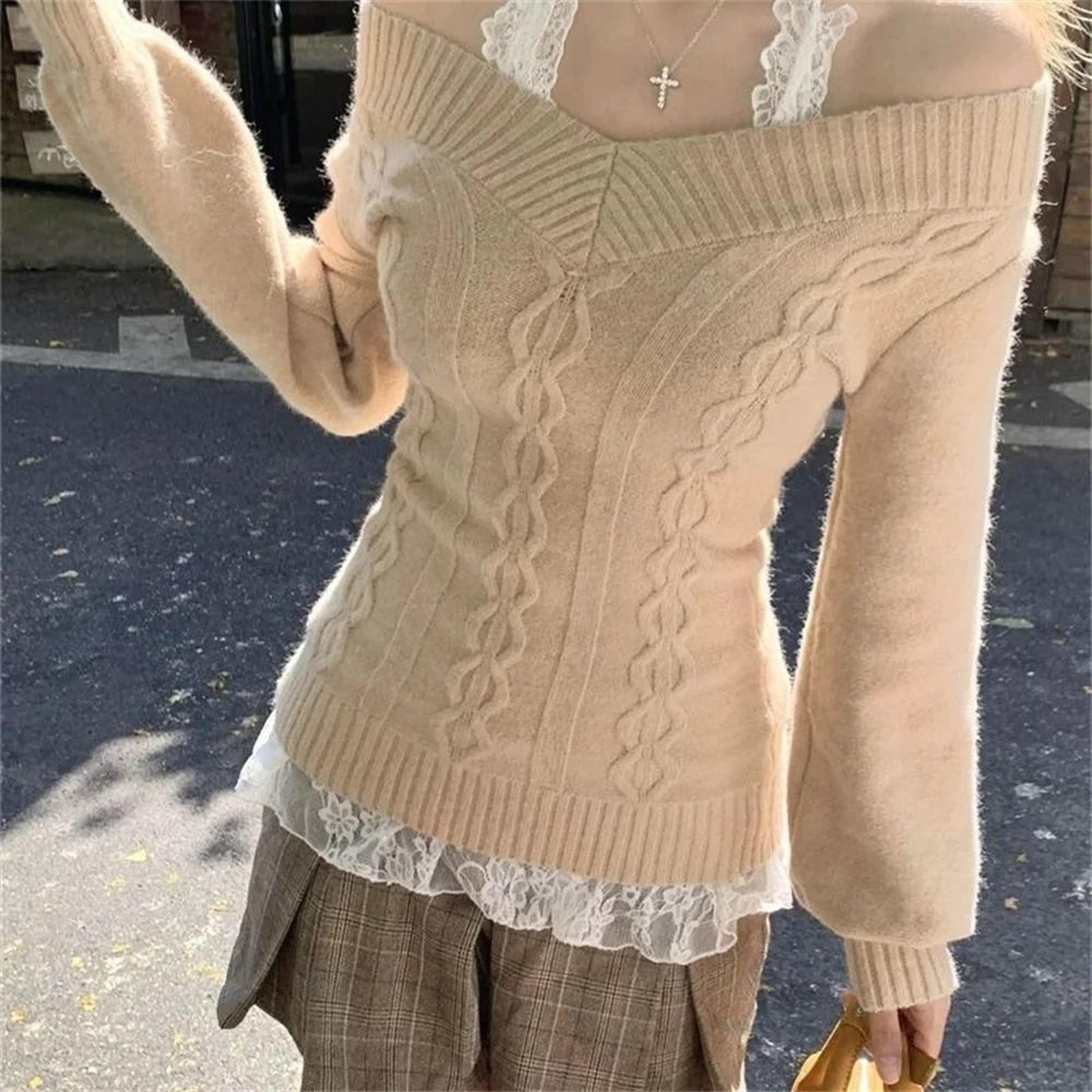 Fashion Vintage VNeck Knitted Top  Early Autumn Slim Sexy Gray Pullover Sweater For Women 1