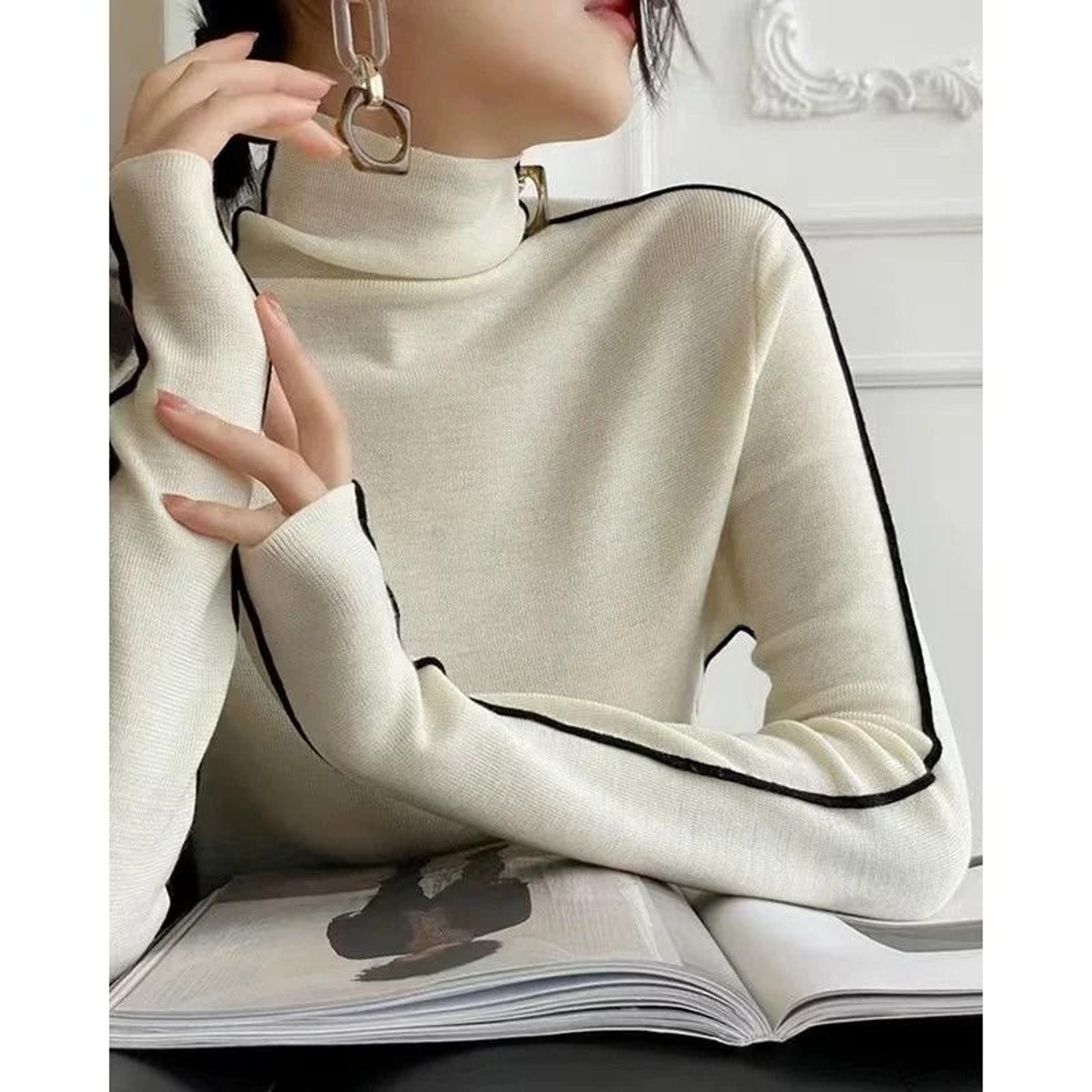 High Neck Knitted Sweater  Trendy AutumnWinter Color Blocking Slim Fit Pullover For Women 3