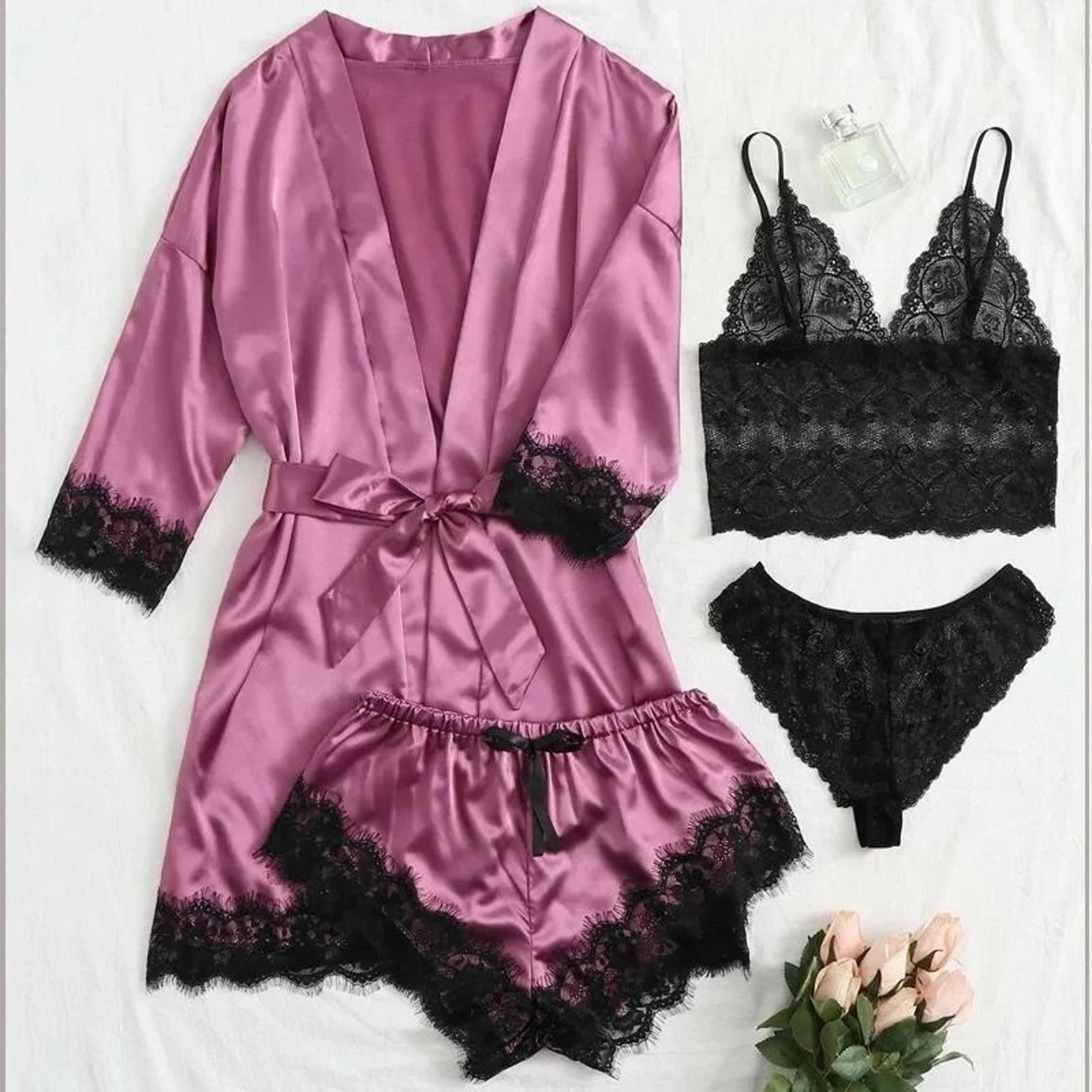 Womens Fashion Print Satin Pajama Set  Sexy Lace Trim Faux Silk Gown  SkinFriendly Loungewear 2