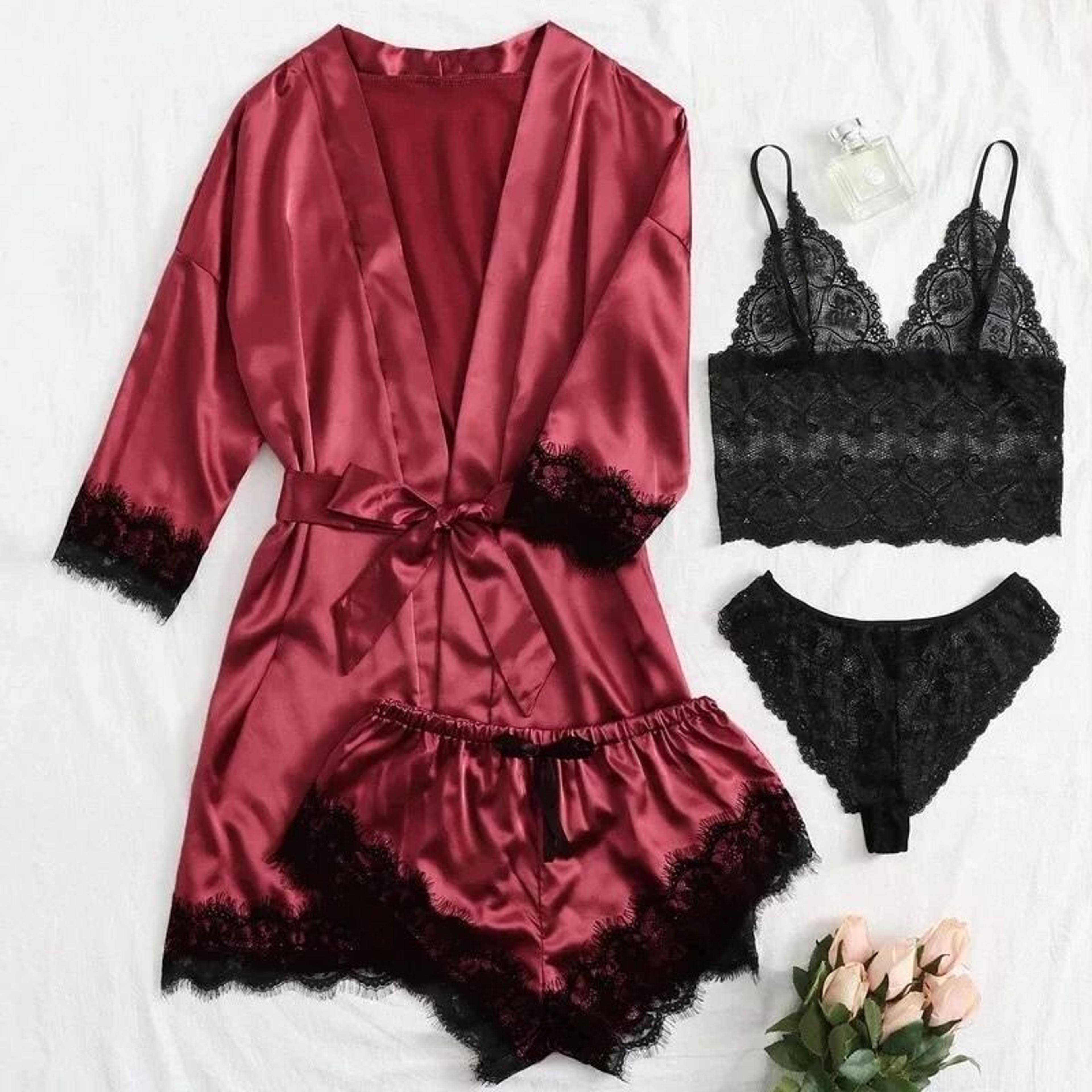 Womens Fashion Print Satin Pajama Set  Sexy Lace Trim Faux Silk Gown  SkinFriendly Loungewear 3