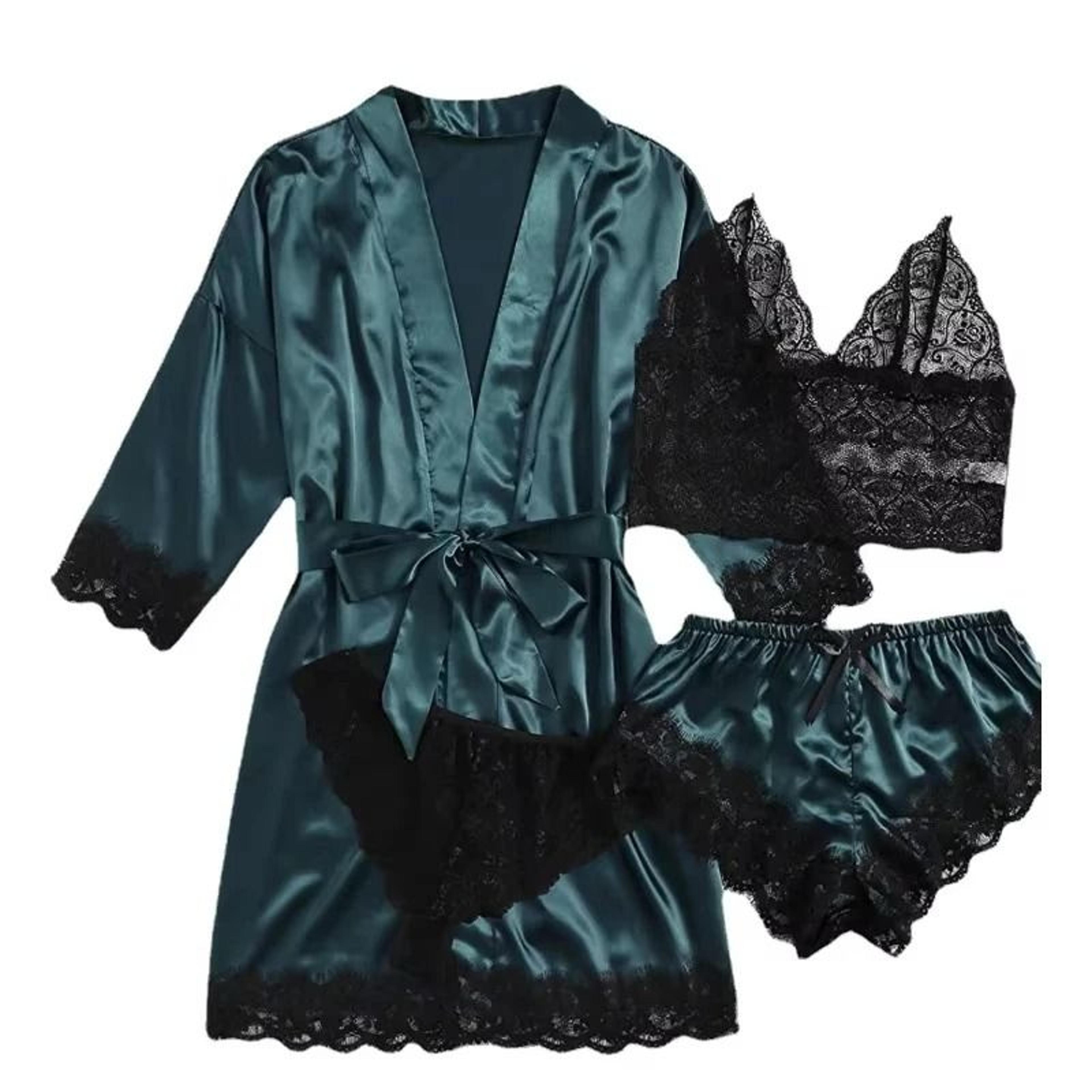 Womens Fashion Print Satin Pajama Set  Sexy Lace Trim Faux Silk Gown  SkinFriendly Loungewear 5