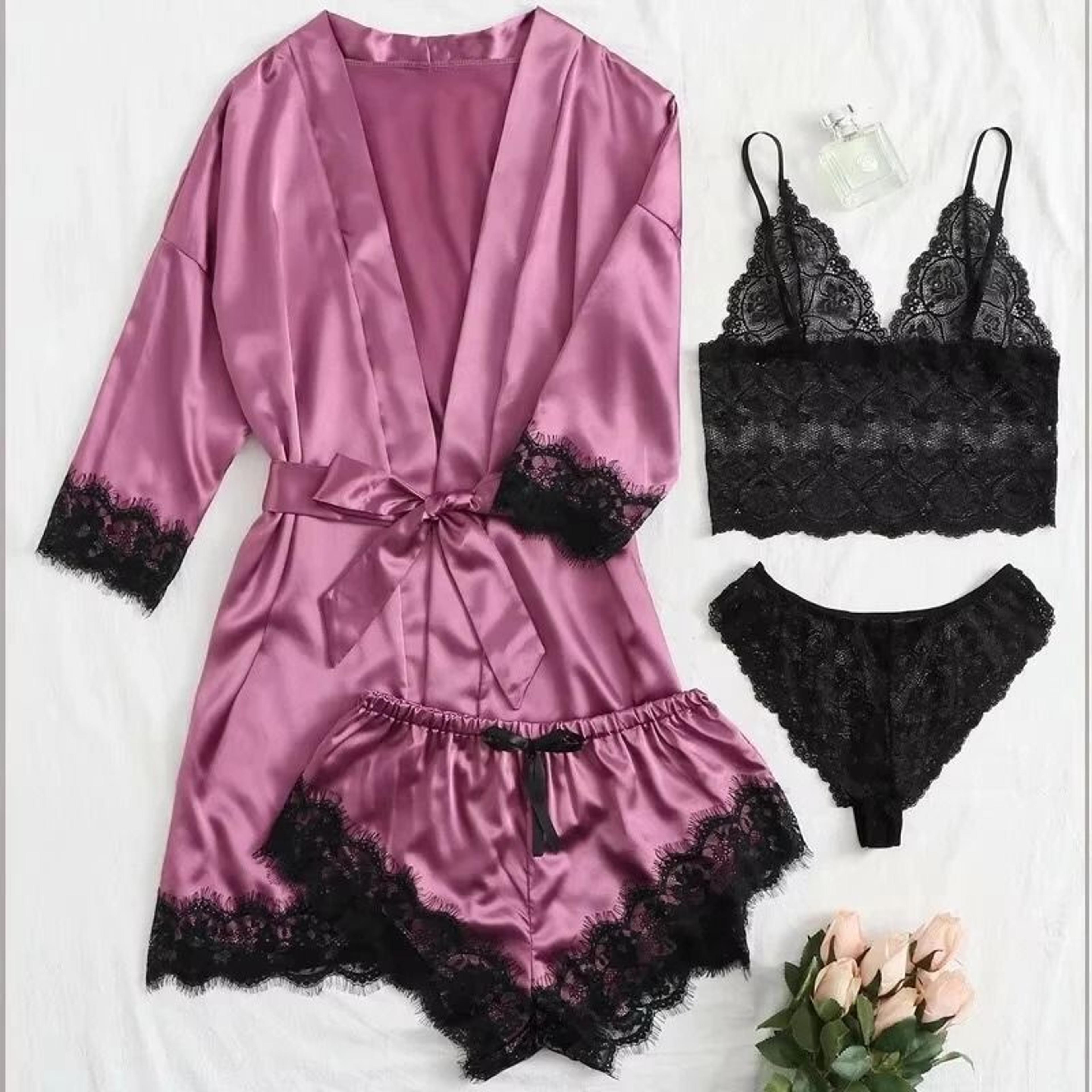 Womens Fashion Print Satin Pajama Set  Sexy Lace Trim Faux Silk Gown  SkinFriendly Loungewear 6
