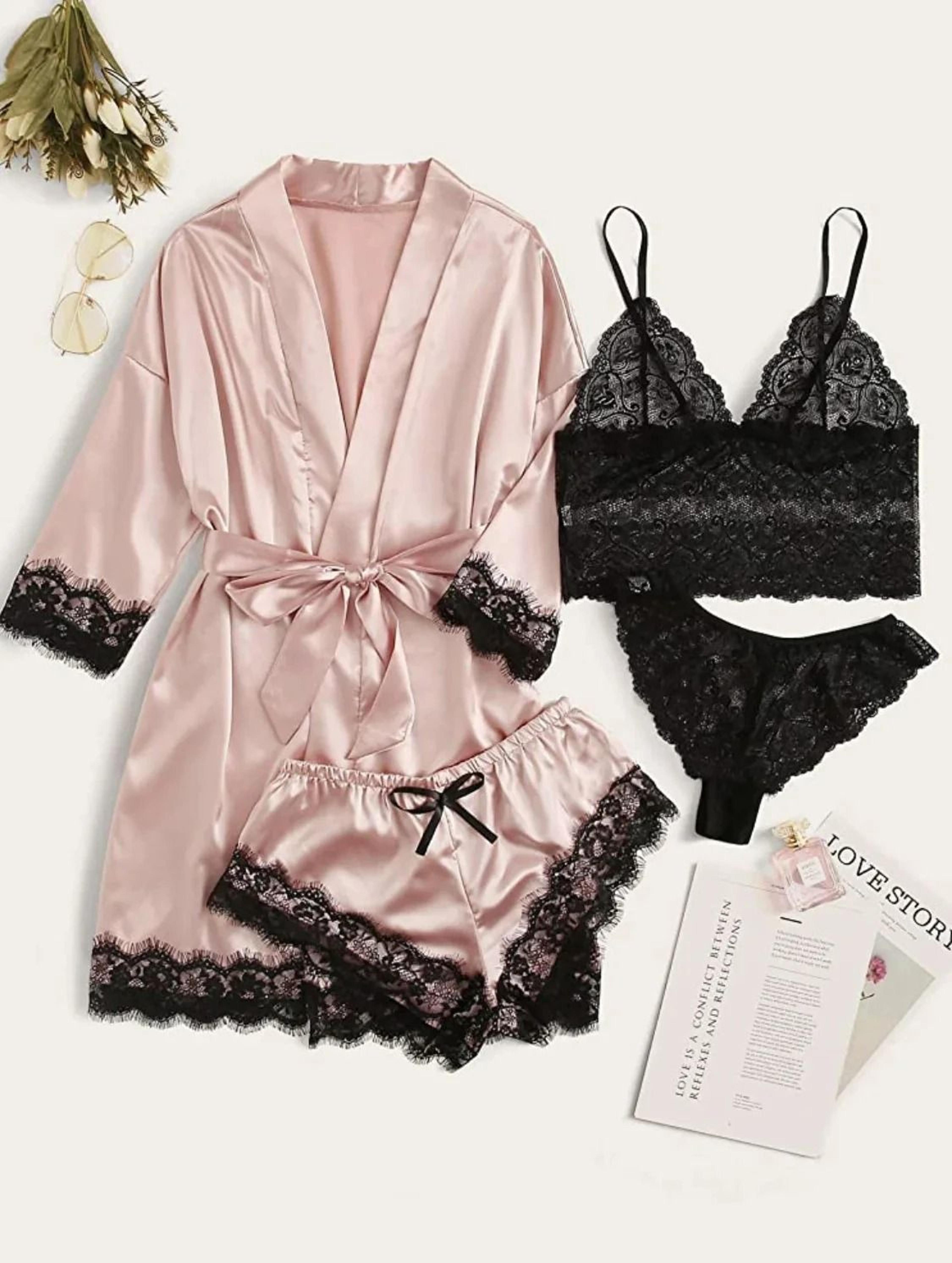 Womens Fashion Print Satin Pajama Set  Sexy Lace Trim Faux Silk Gown  SkinFriendly Loungewear 11
