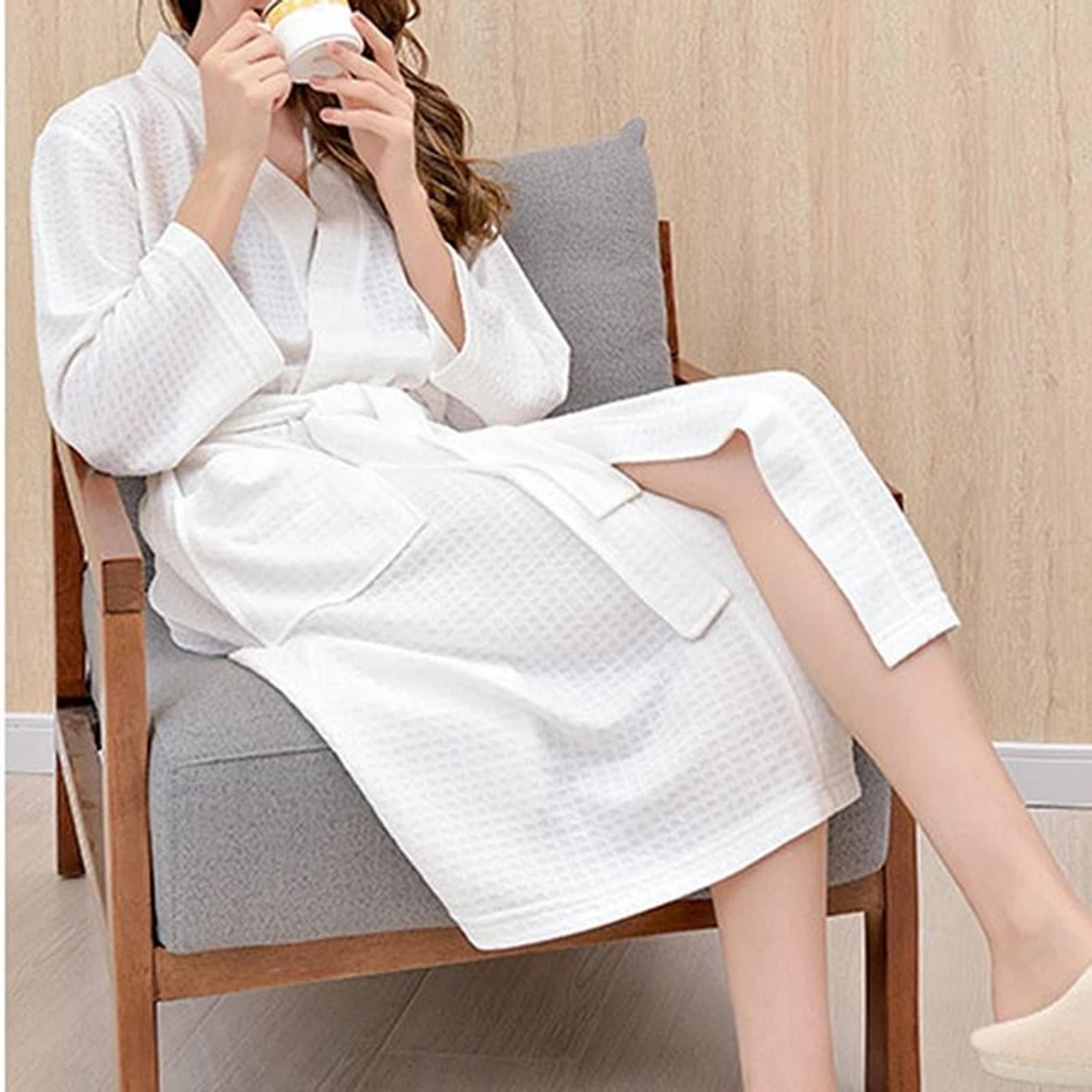 Unisex Waffle Knit Bathrobe  Breathable Summer Thin Robe  Plaid Dressing Gown For Men And Women 4