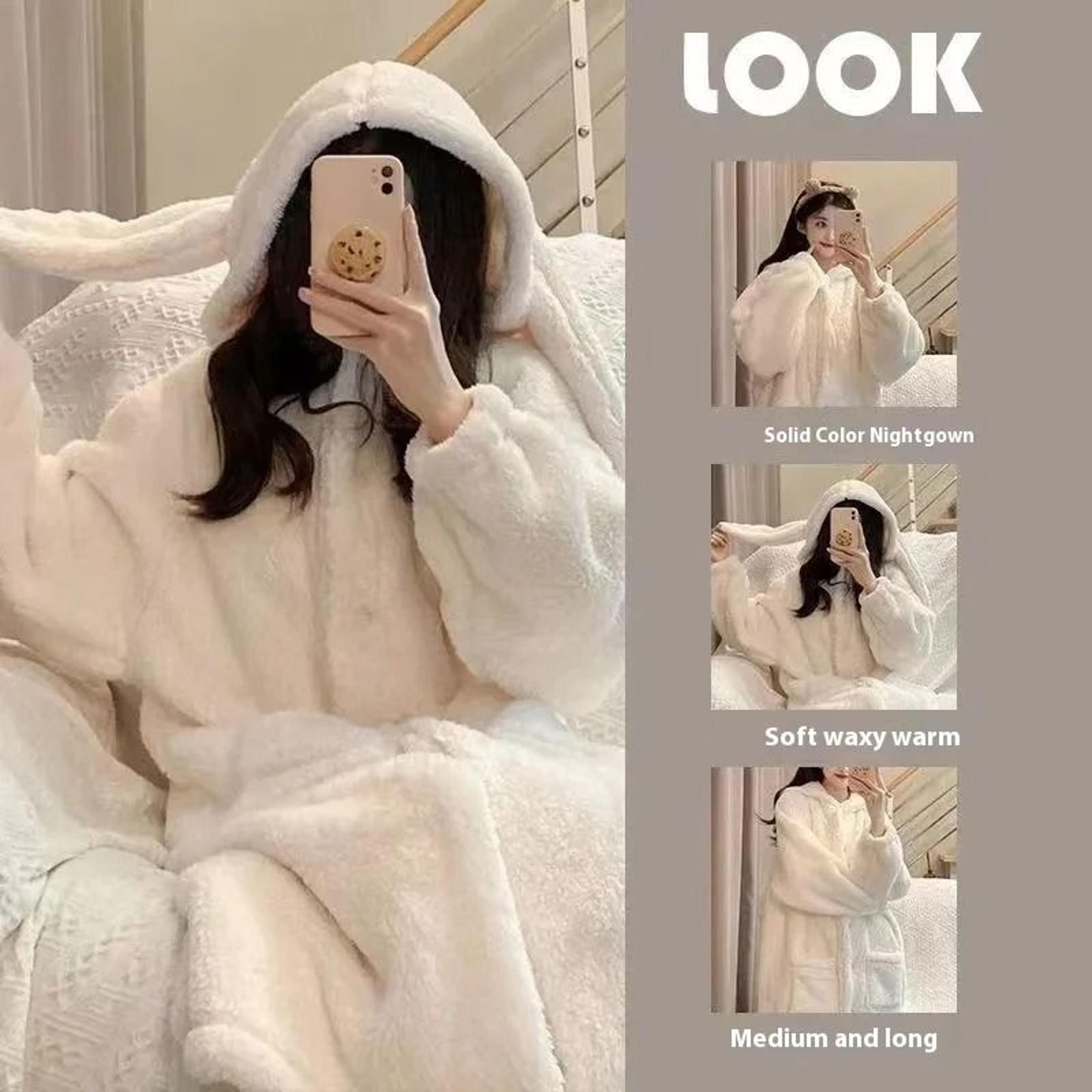 Autumn And Winter Ladies Warm Rabbit Ear Pajamas  Cartoon New Robe  Ins Girls Student Homewear 1