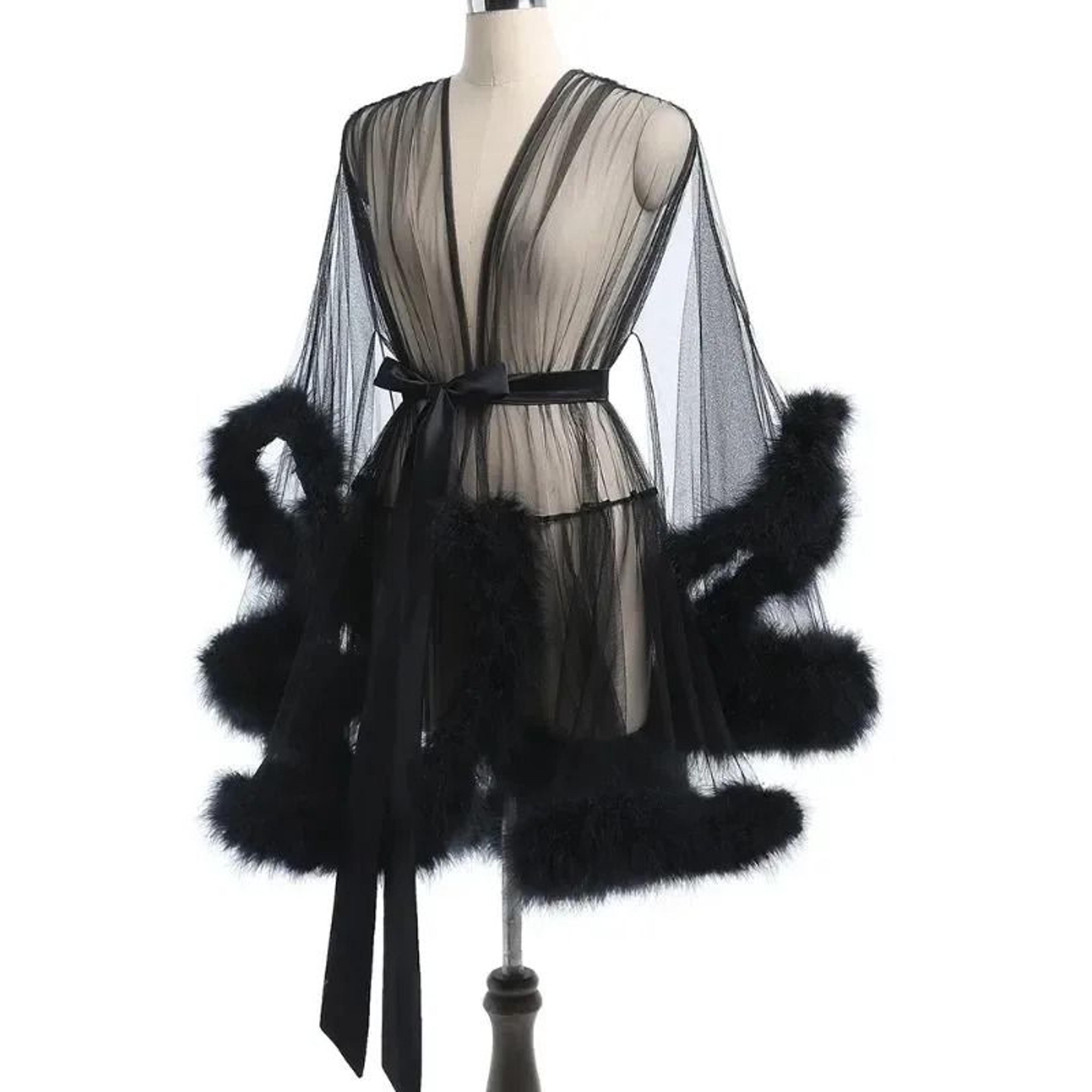 Sexy Feather Mesh Robe  Large Size Seductive Perspective Bathrobe  Passionate Bridal Dressing Gown 3