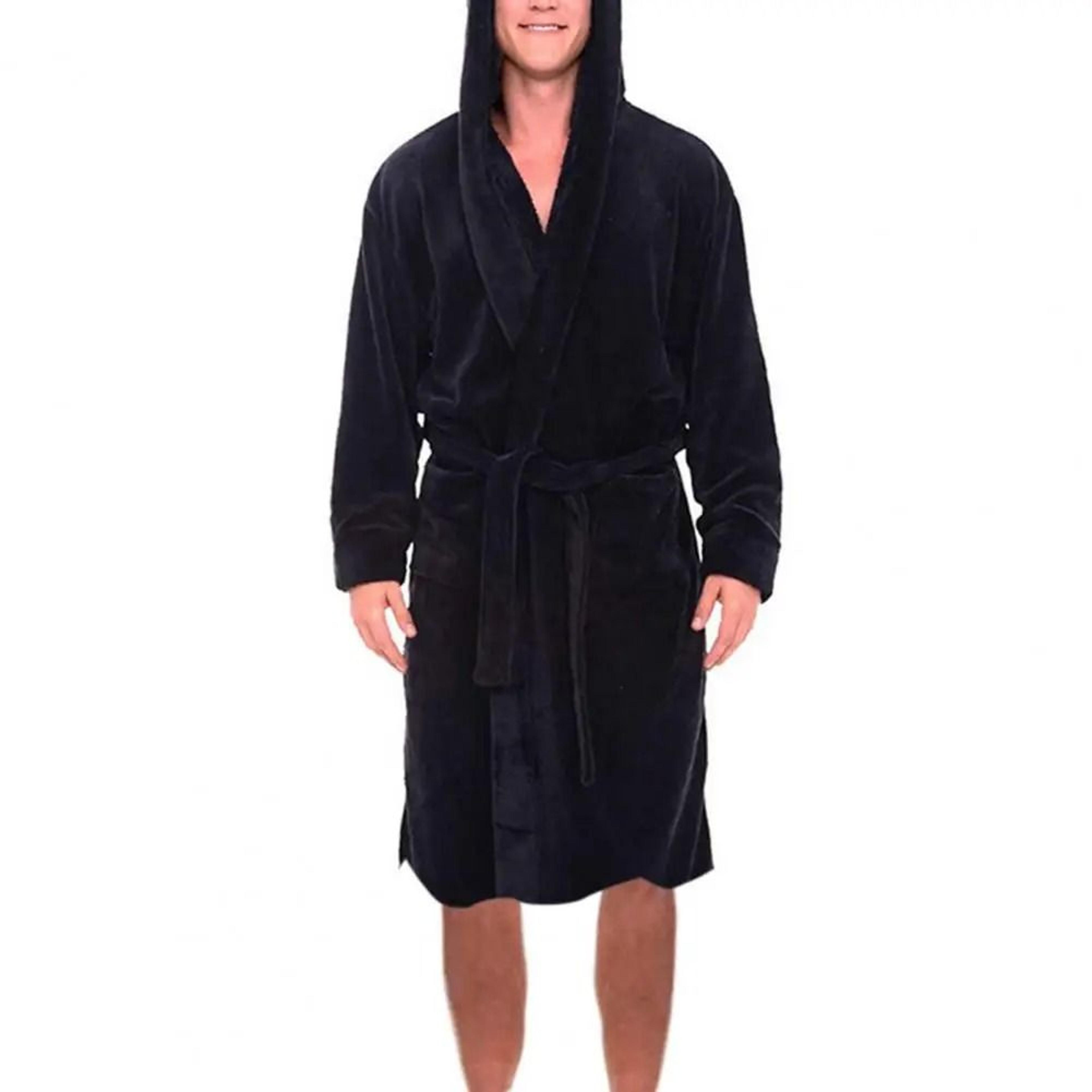 Mens Winter Warm Hooded Fleece Bathrobe  Long Sleeve Thermal Home Gown  Solid Color Sleepwear 5