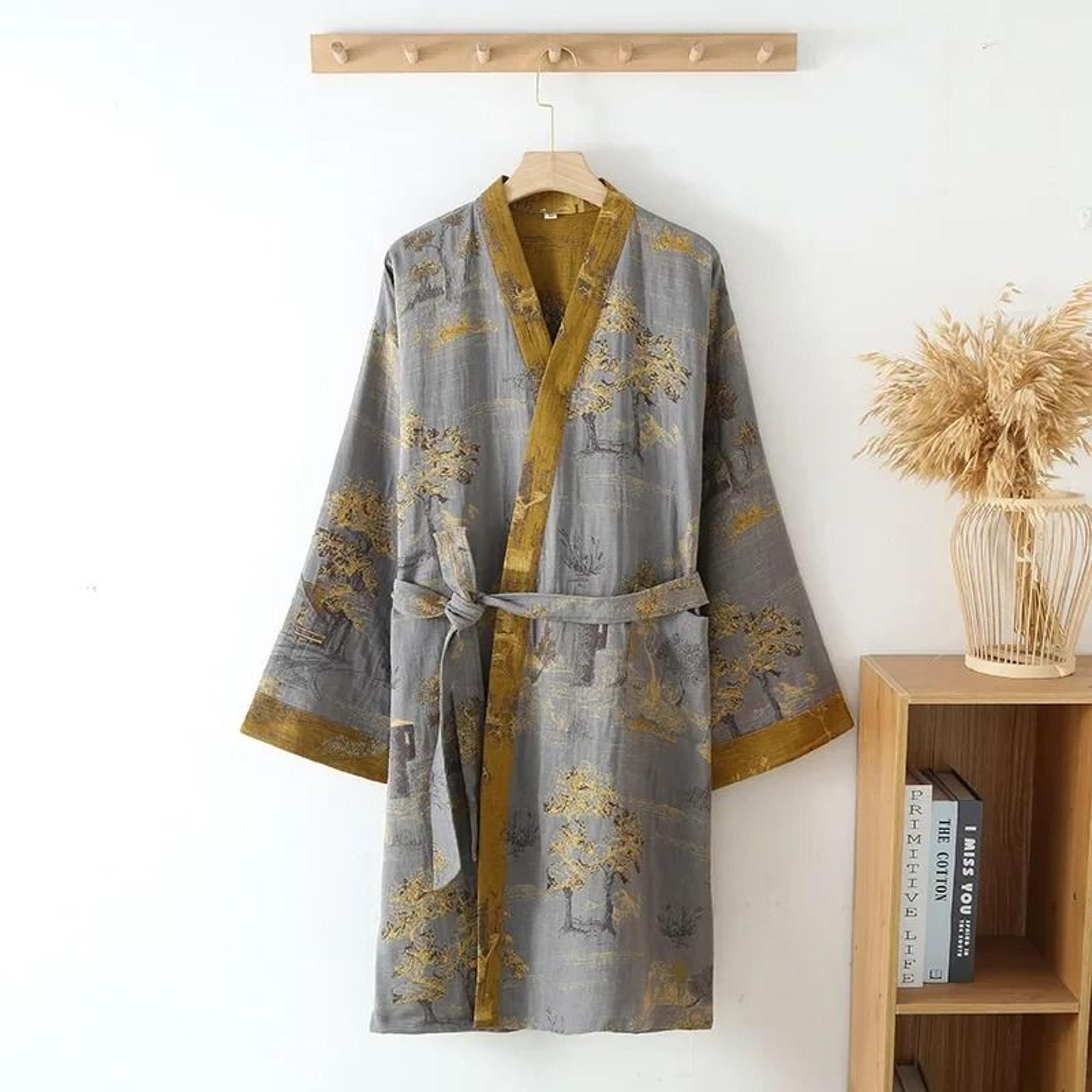 Mens Premium Cotton Kimono Robe  Breathable Jacquard Printed SpringSummer Pajamas With Belt 6