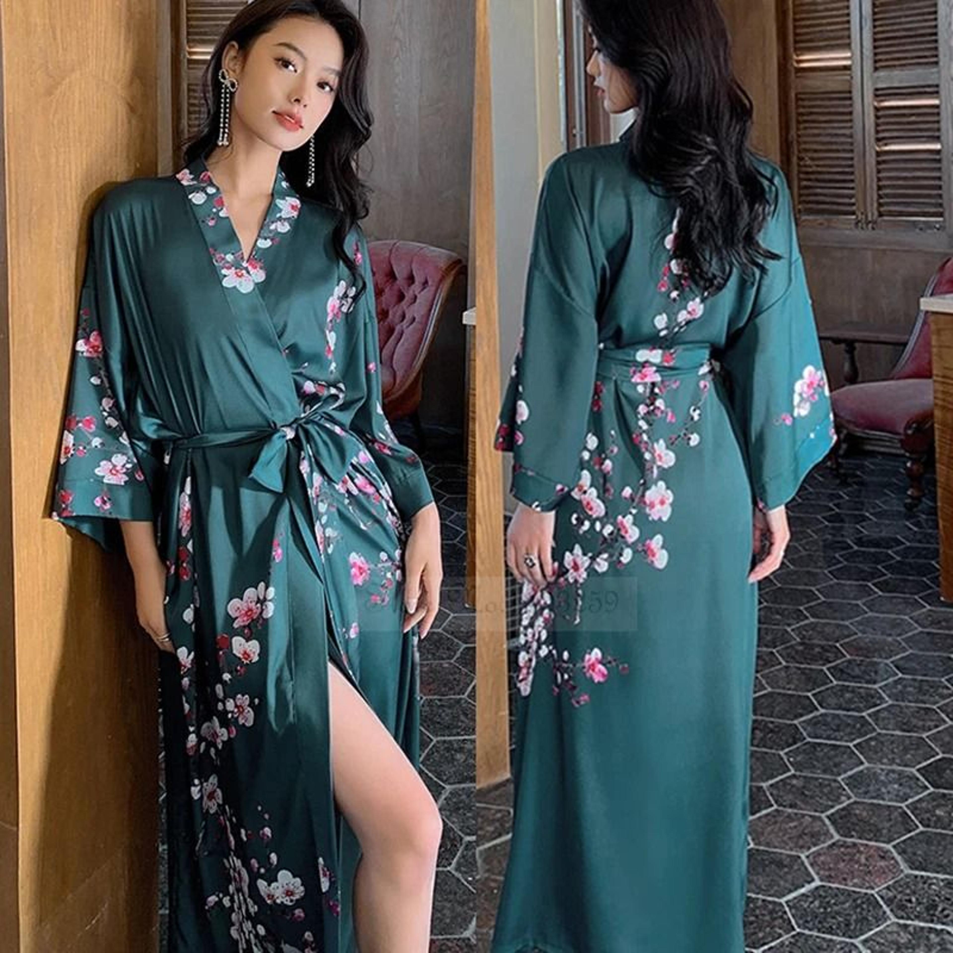 New Spring Summer Female Long Robe Set  Sexy Flower Print Kimono  Silk Satin Casual Lounge Wear 11