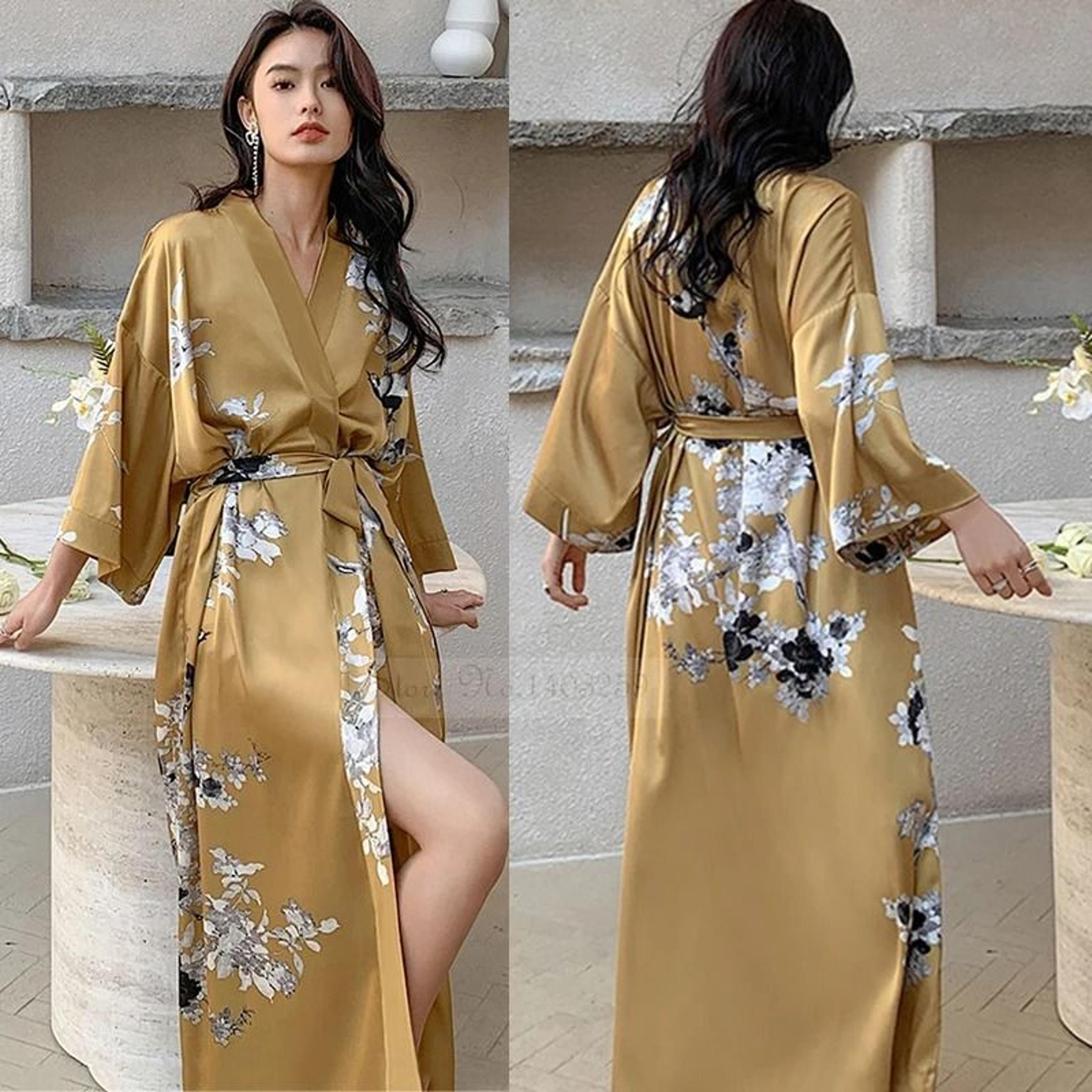 New Spring Summer Female Long Robe Set  Sexy Flower Print Kimono  Silk Satin Casual Lounge Wear 12