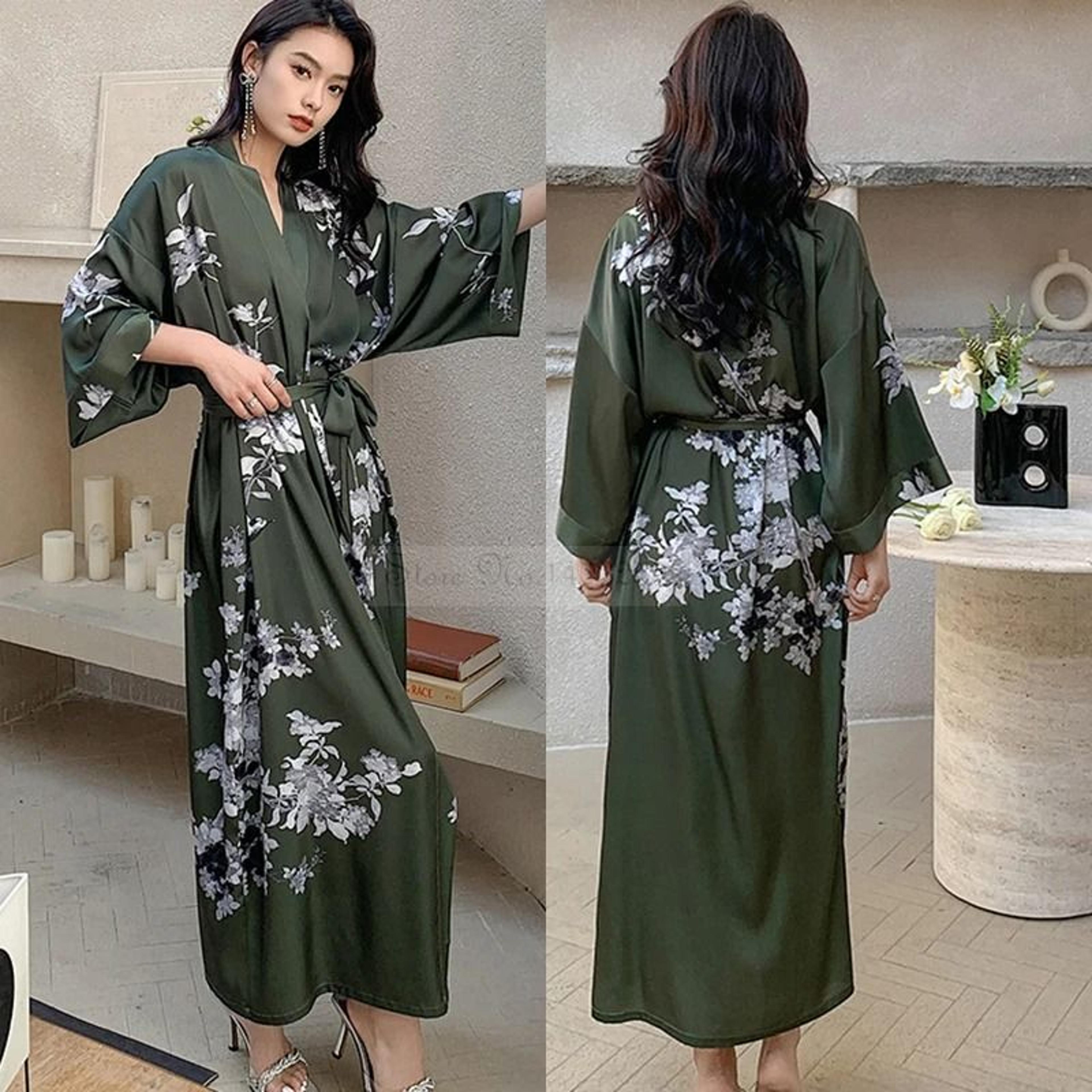 New Spring Summer Female Long Robe Set  Sexy Flower Print Kimono  Silk Satin Casual Lounge Wear 13