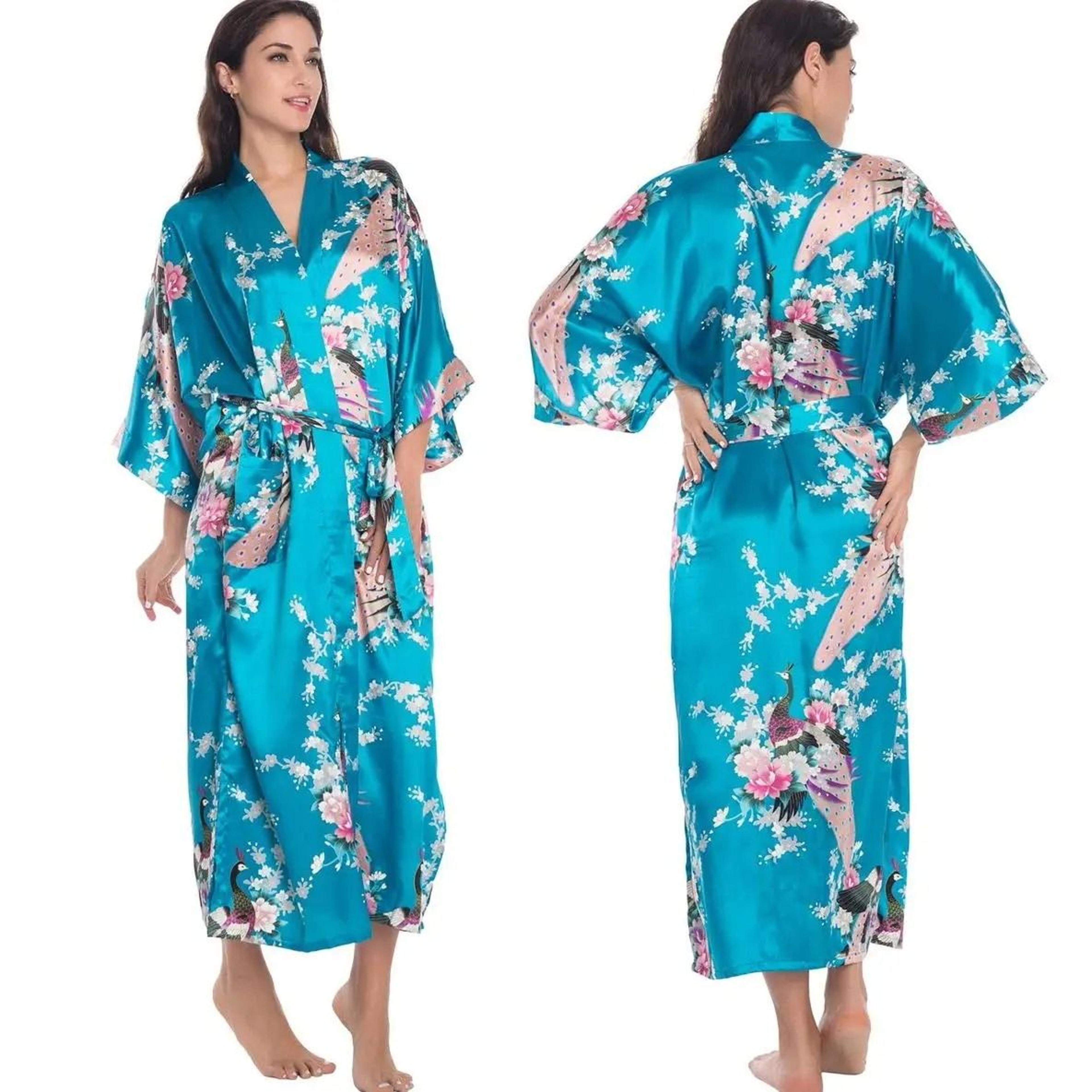 New Spring Summer Female Long Robe Set  Sexy Flower Print Kimono  Silk Satin Casual Lounge Wear 6