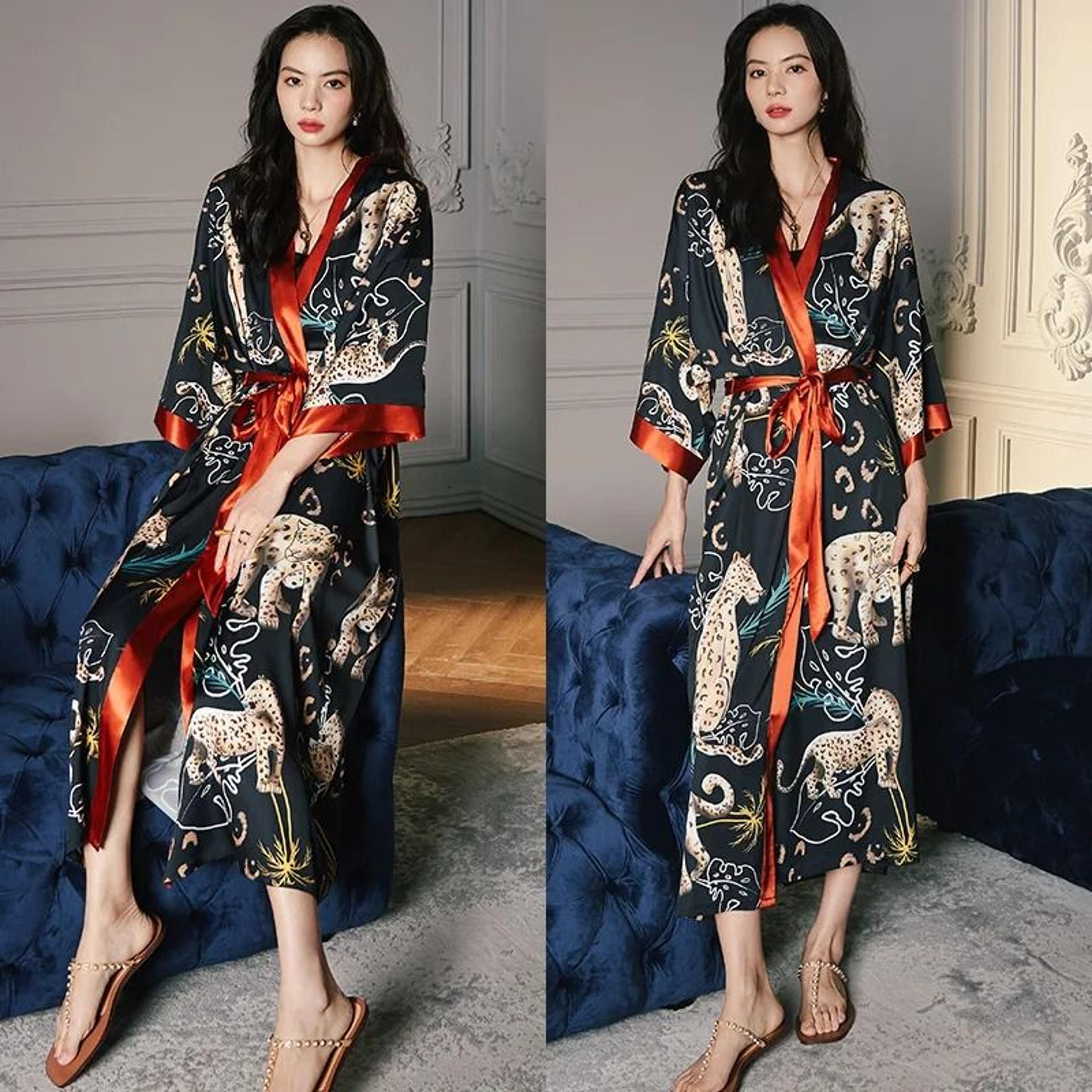 New Spring Summer Female Long Robe Set  Sexy Flower Print Kimono  Silk Satin Casual Lounge Wear 24