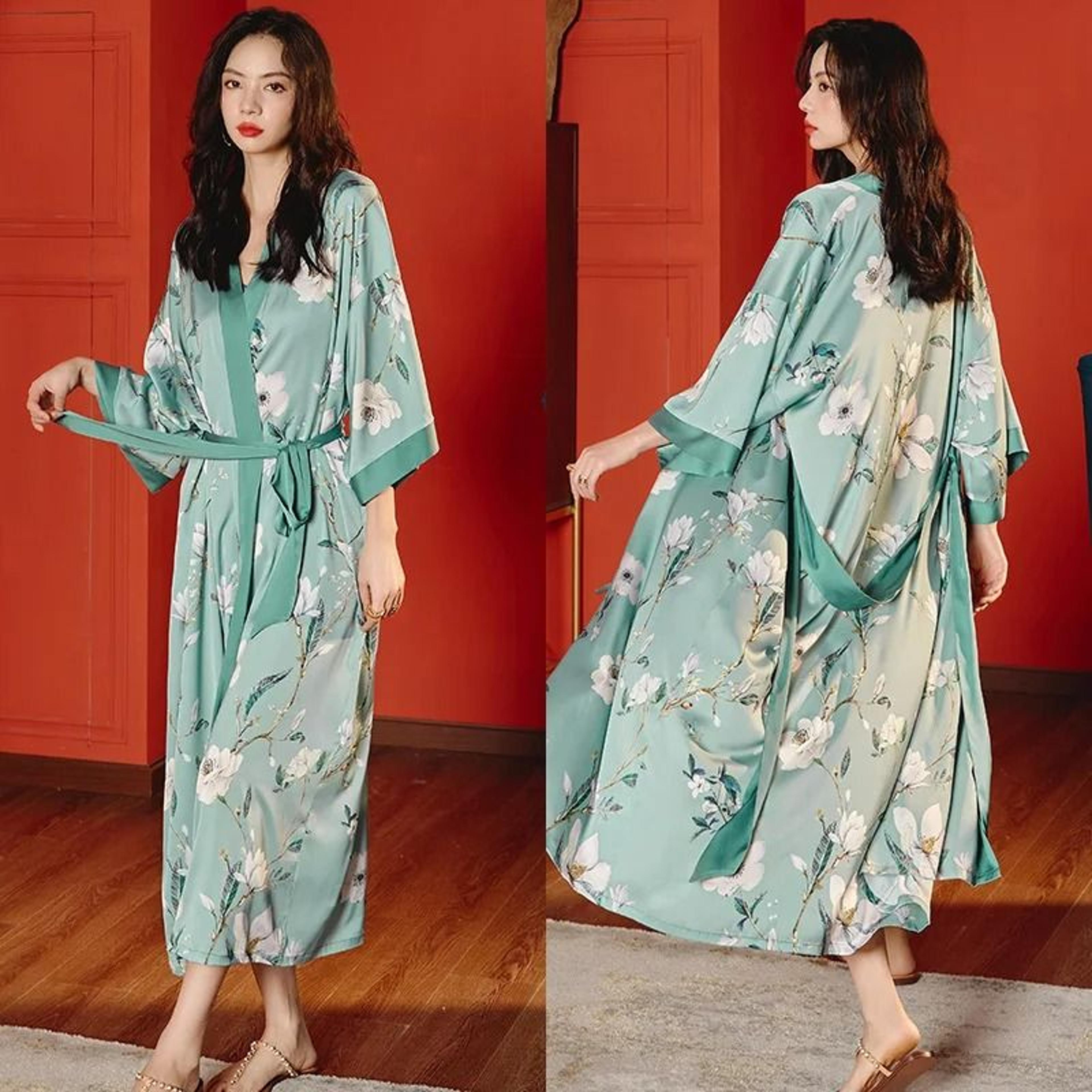 New Spring Summer Female Long Robe Set  Sexy Flower Print Kimono  Silk Satin Casual Lounge Wear 25