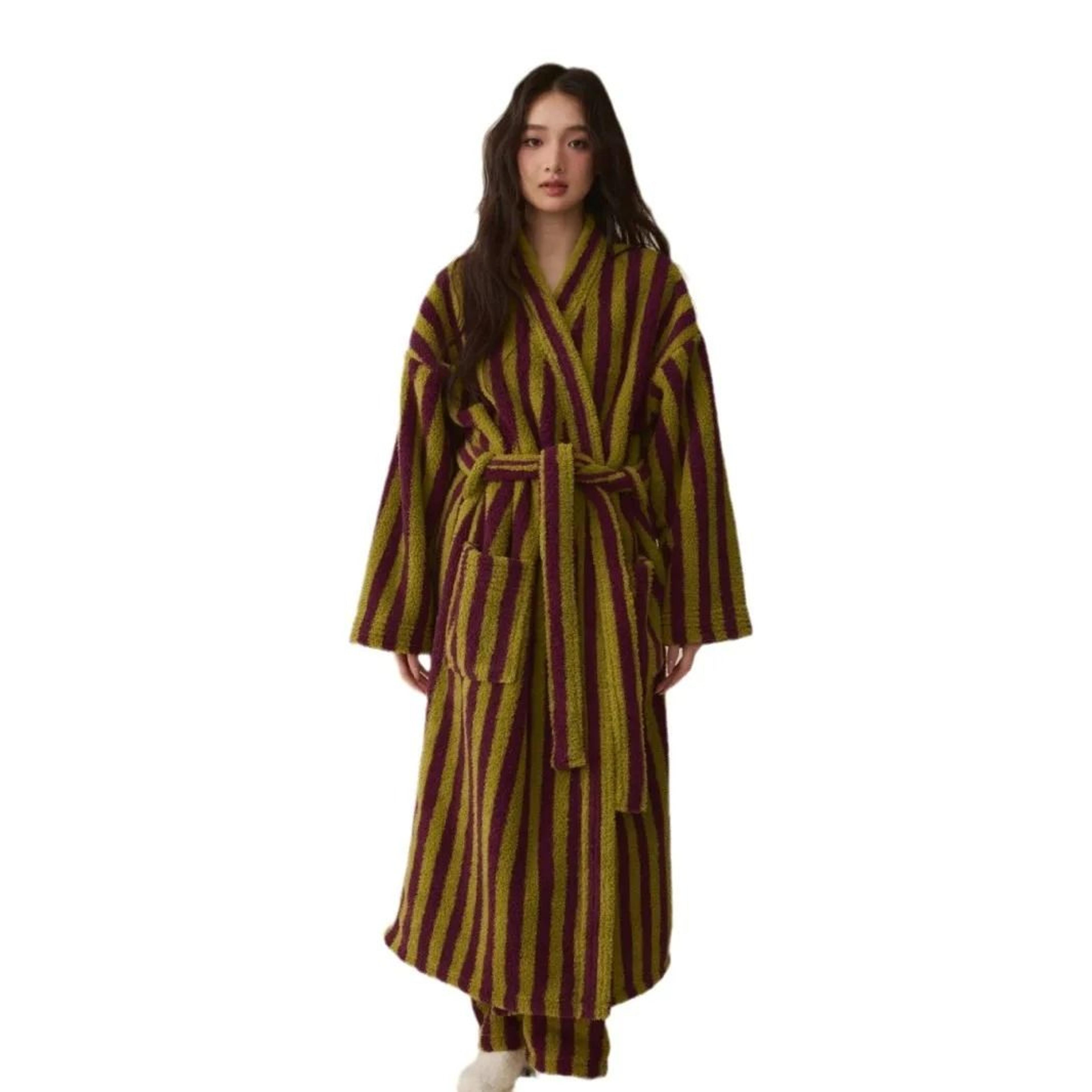 Thickened Flannel Robe  Pants Pajamas Set  Striped Coral Velvet Couples Bathrobe  Winter Homewear 1