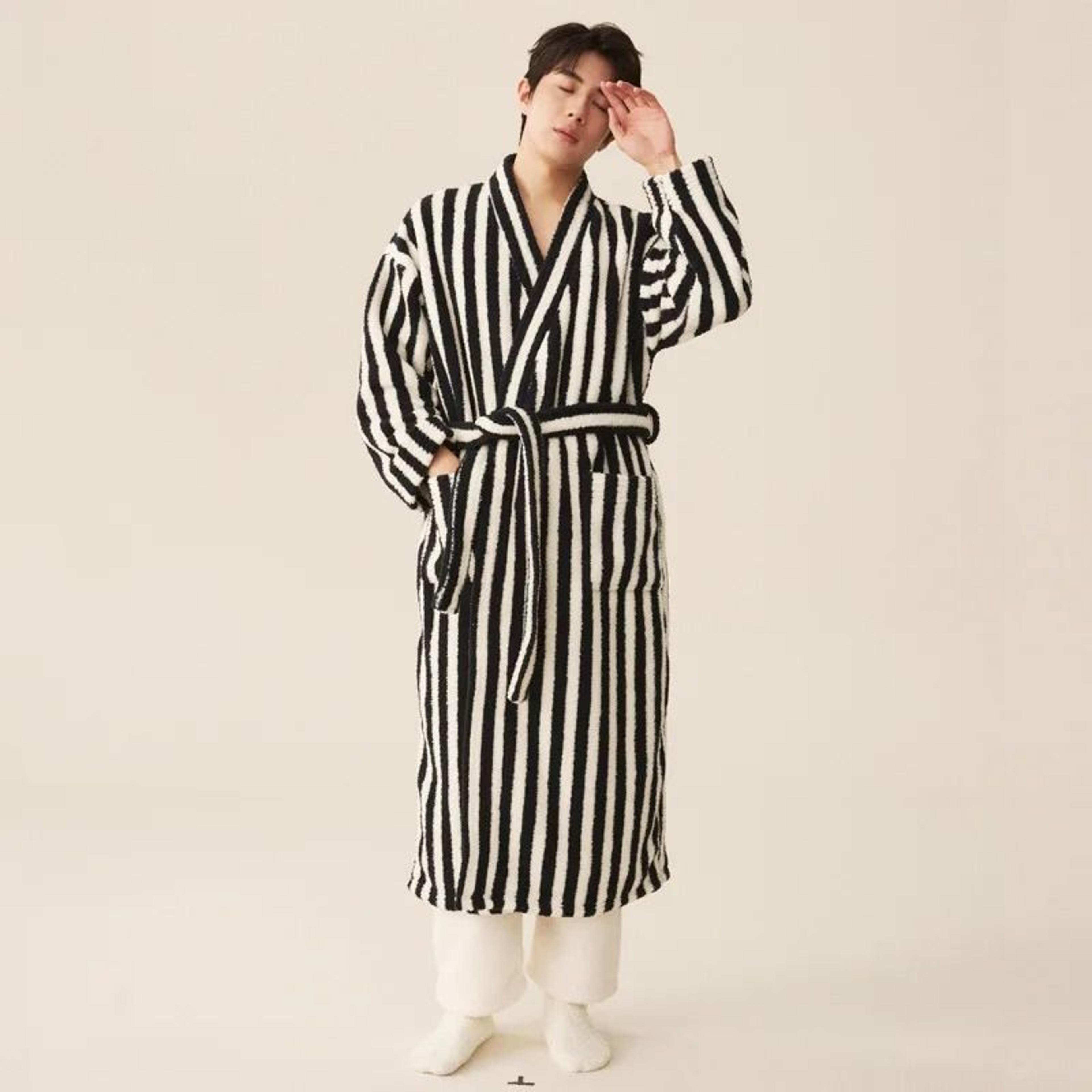 Thickened Flannel Robe  Pants Pajamas Set  Striped Coral Velvet Couples Bathrobe  Winter Homewear 5