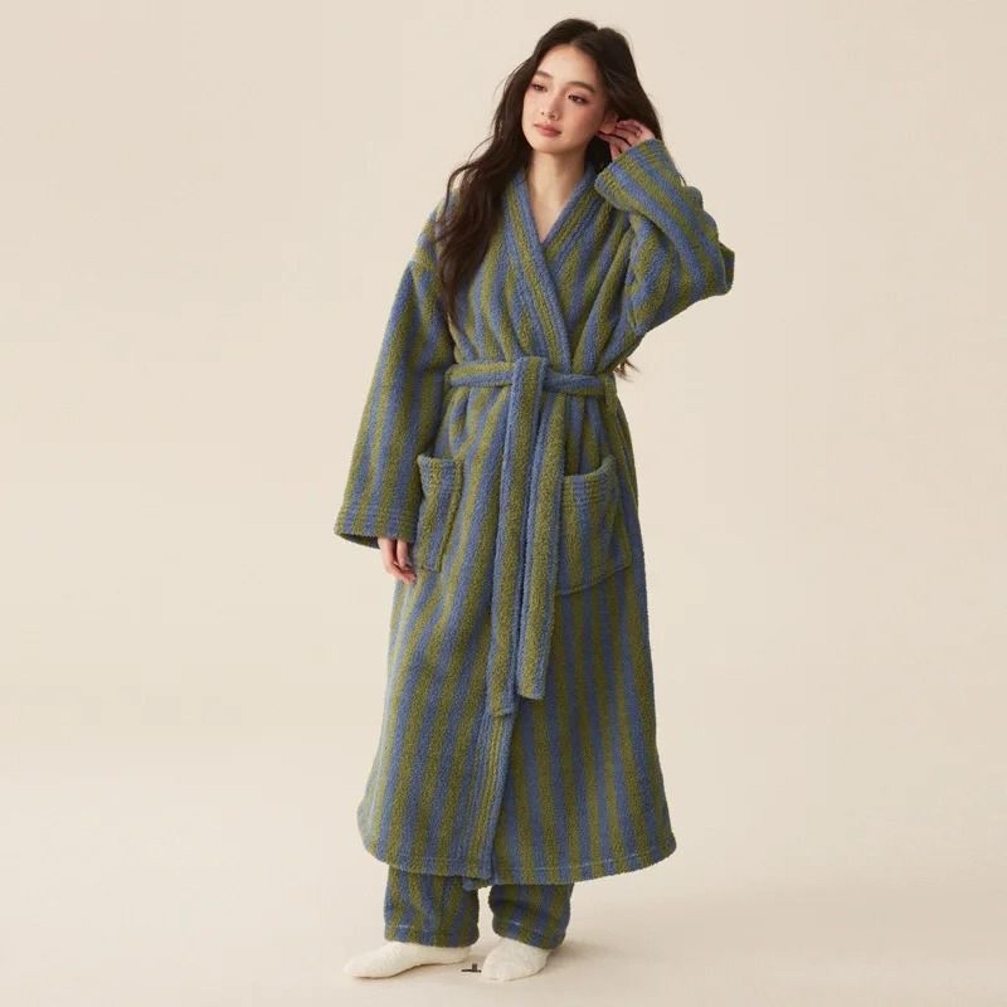 Thickened Flannel Robe  Pants Pajamas Set  Striped Coral Velvet Couples Bathrobe  Winter Homewear 14