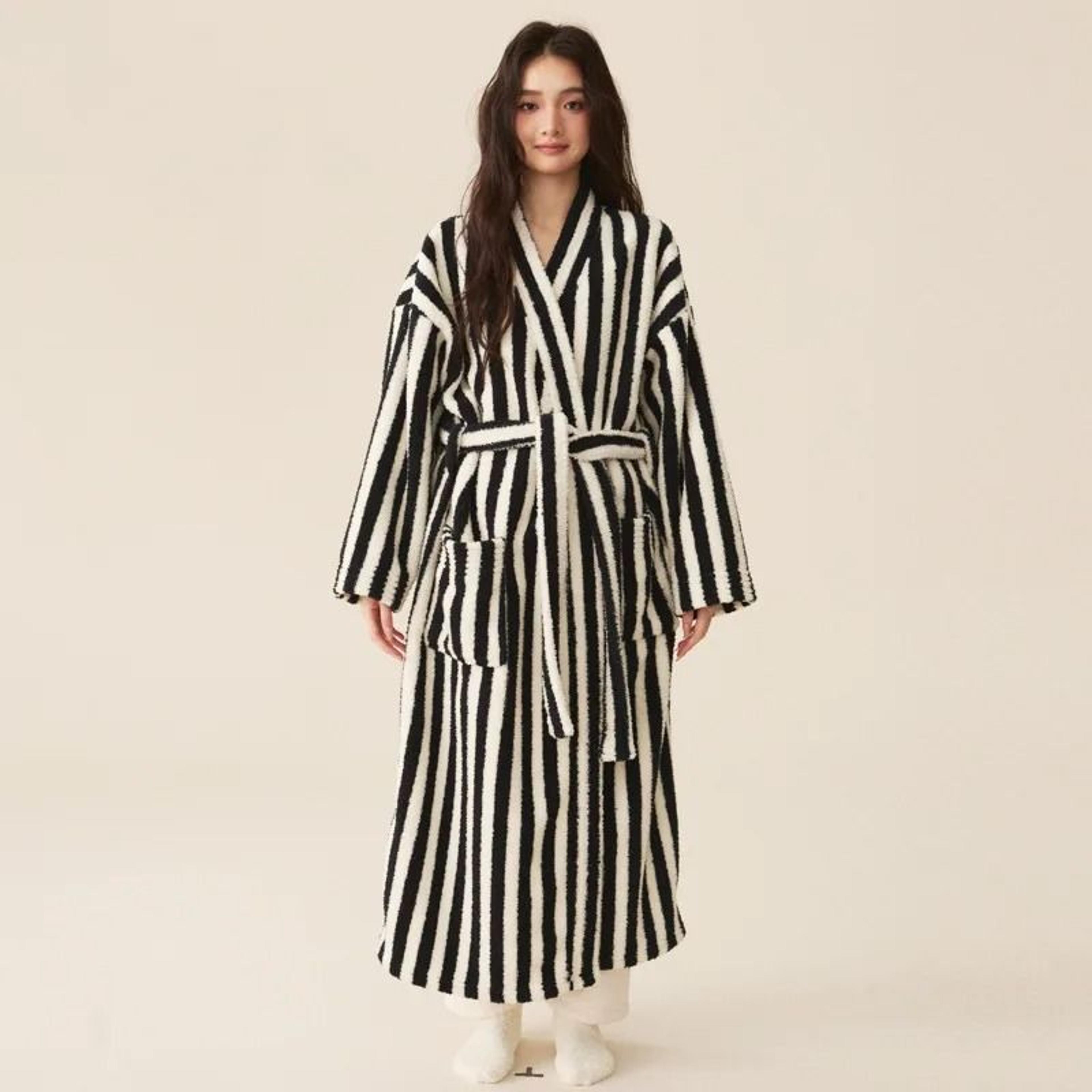 Thickened Flannel Robe  Pants Pajamas Set  Striped Coral Velvet Couples Bathrobe  Winter Homewear 17