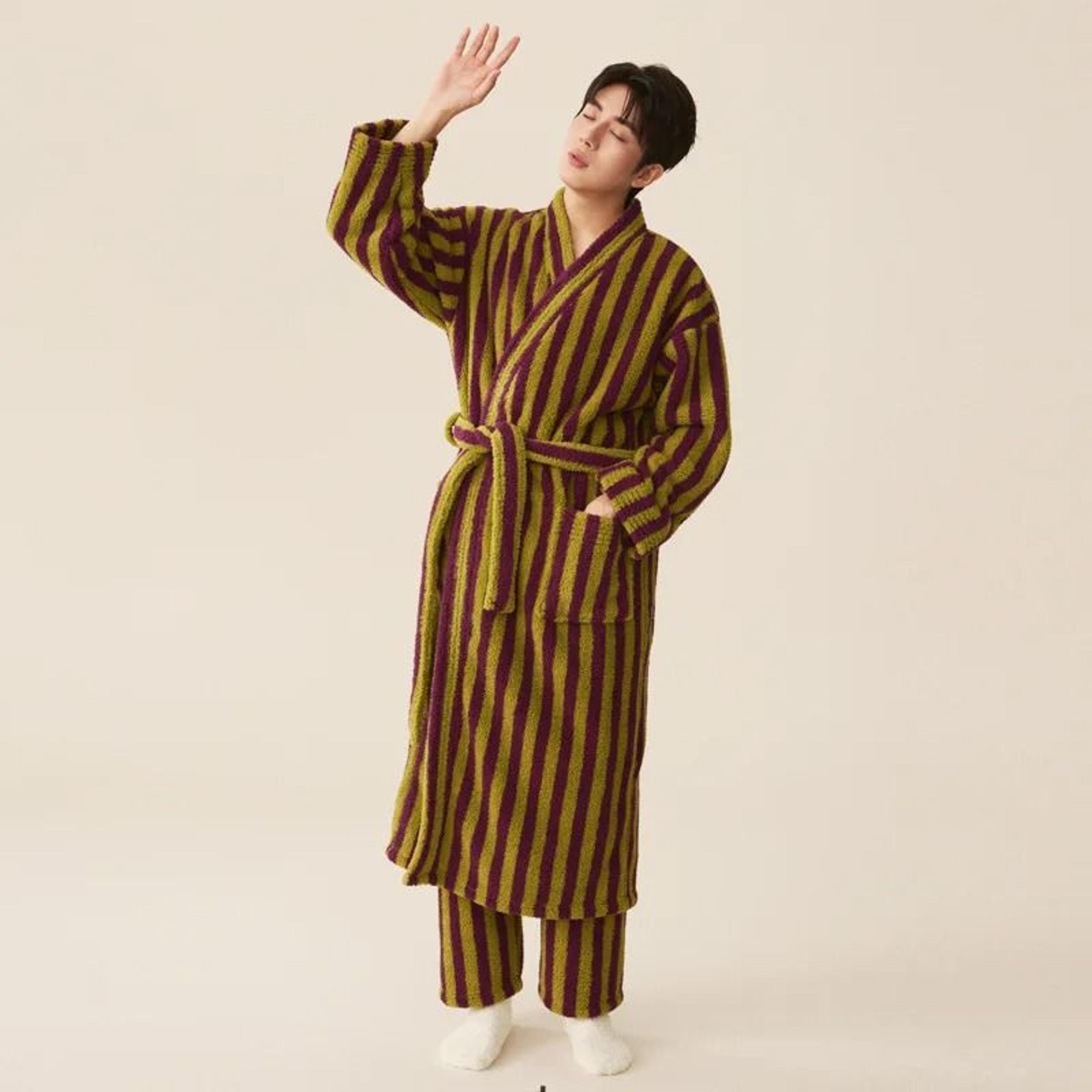 Thickened Flannel Robe  Pants Pajamas Set  Striped Coral Velvet Couples Bathrobe  Winter Homewear 20
