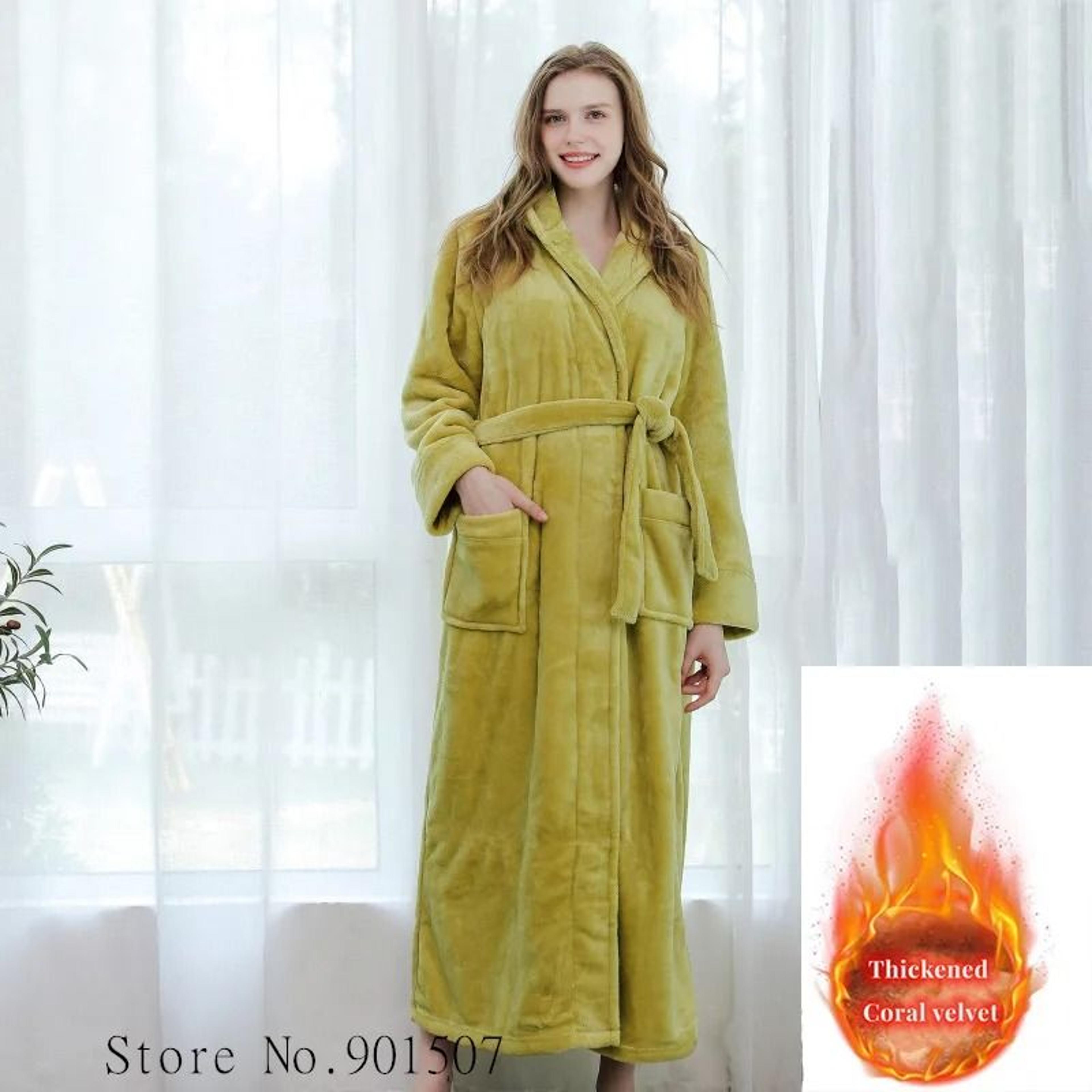 Extra Long Winter Coral Fleece Bathrobe  Hooded Warm Kimono  Cozy Shower Robe For Women 1