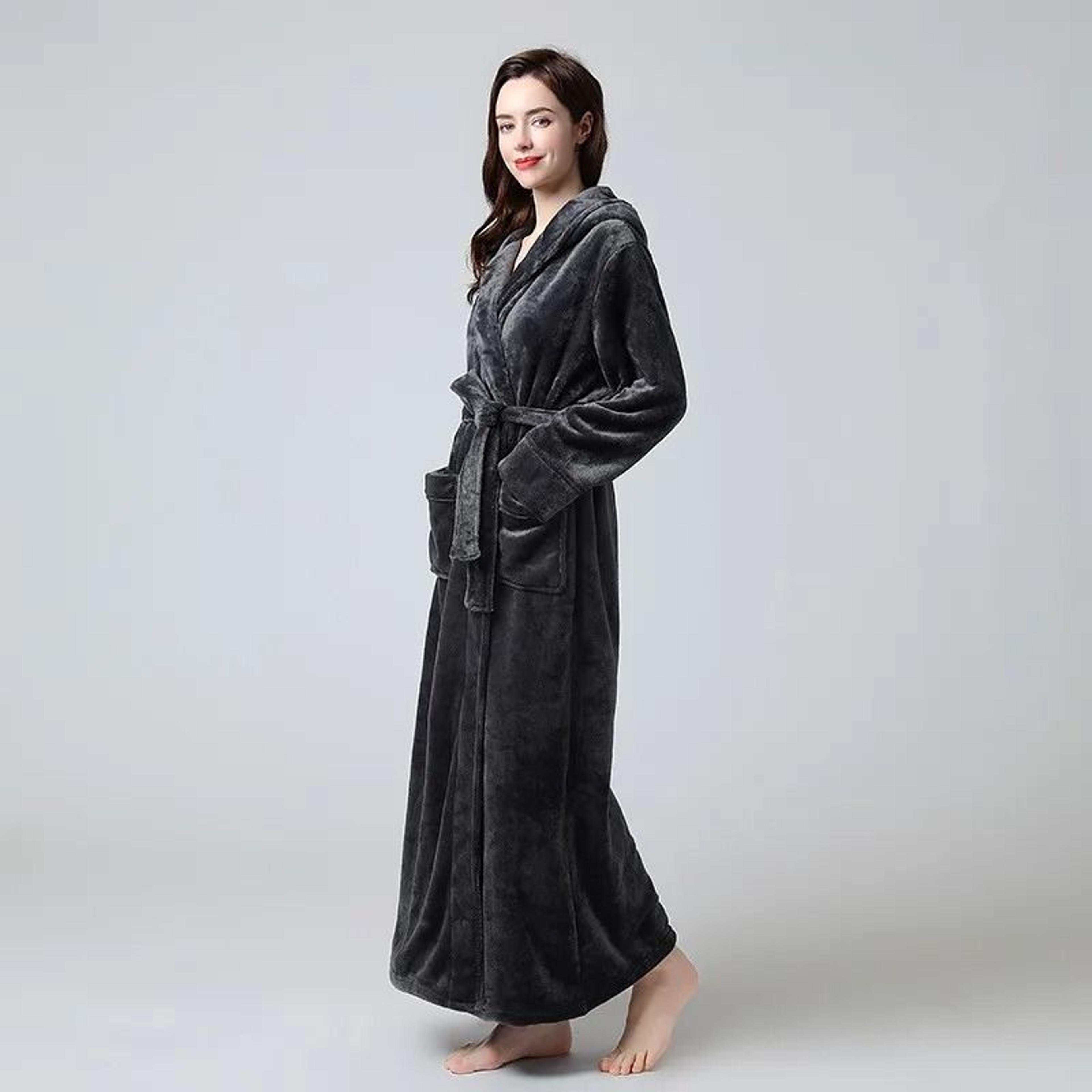 Extra Long Winter Coral Fleece Bathrobe  Hooded Warm Kimono  Cozy Shower Robe For Women 7