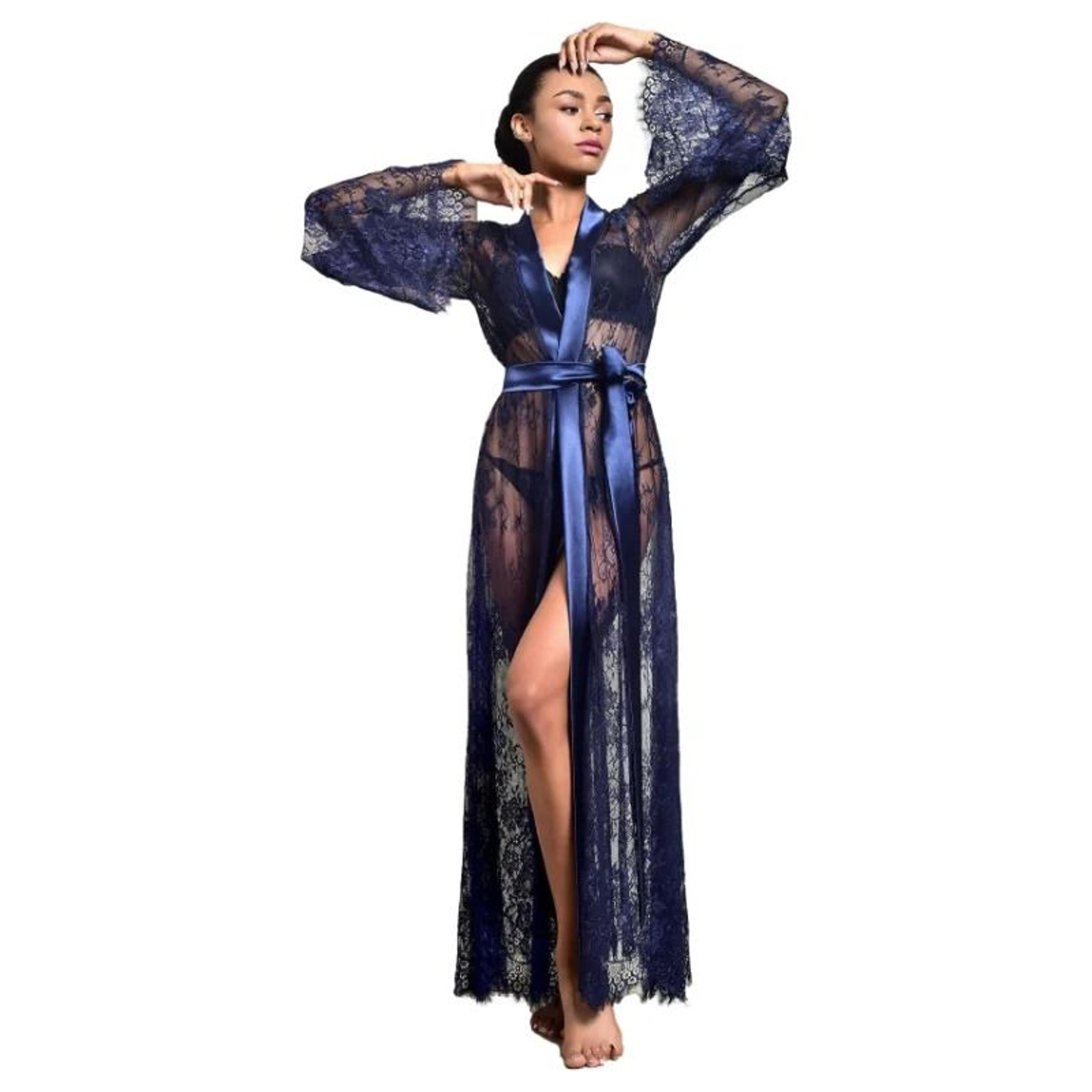 Womens Long Lace Sheer Nightgown  White Bridesmaid Robe  Sensual Kimono Bride Lingerie 12