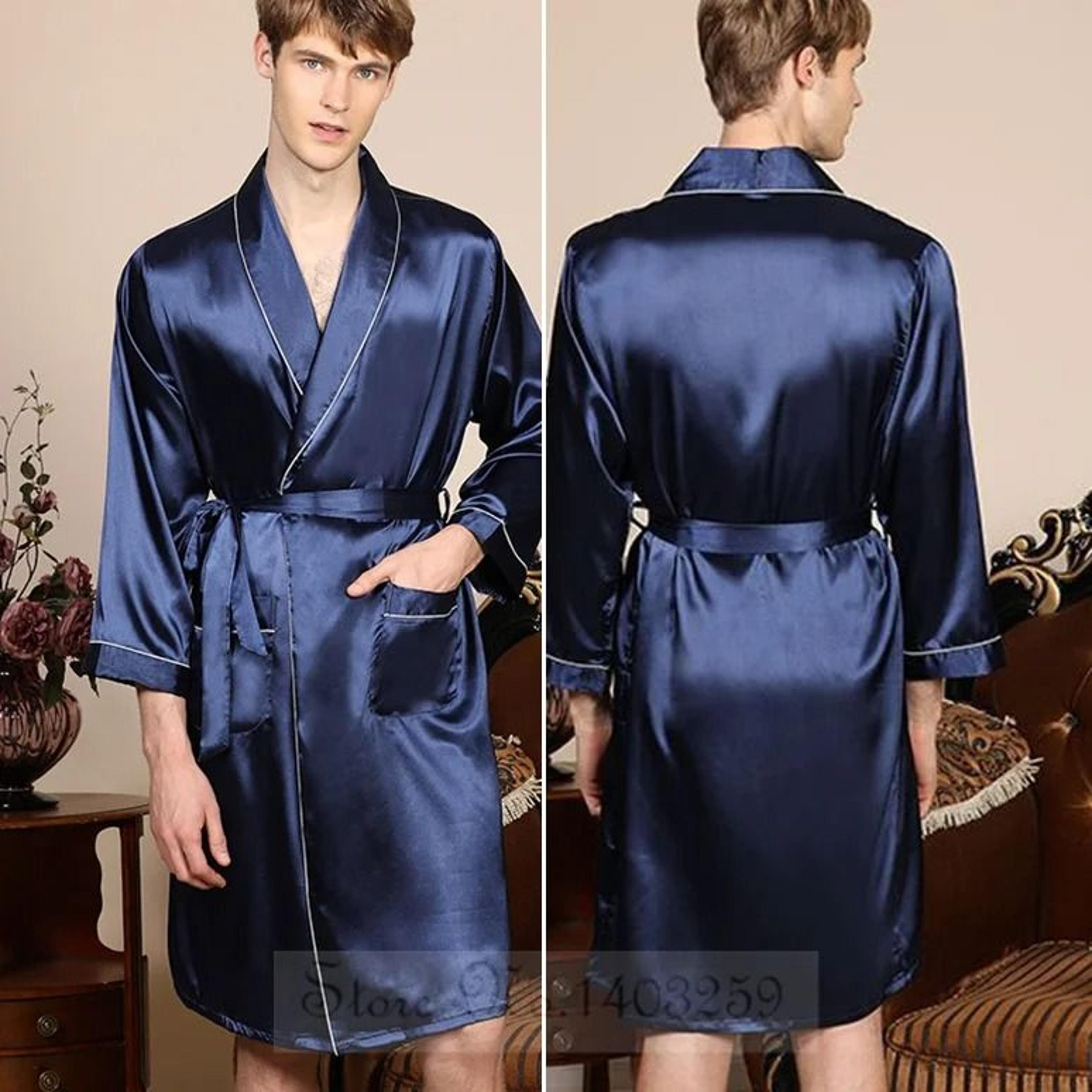 Plus Size Mens Navy Blue Stripe Kimono  Summer Satin Bathrobe  Luxury Home Lounge Wear 2