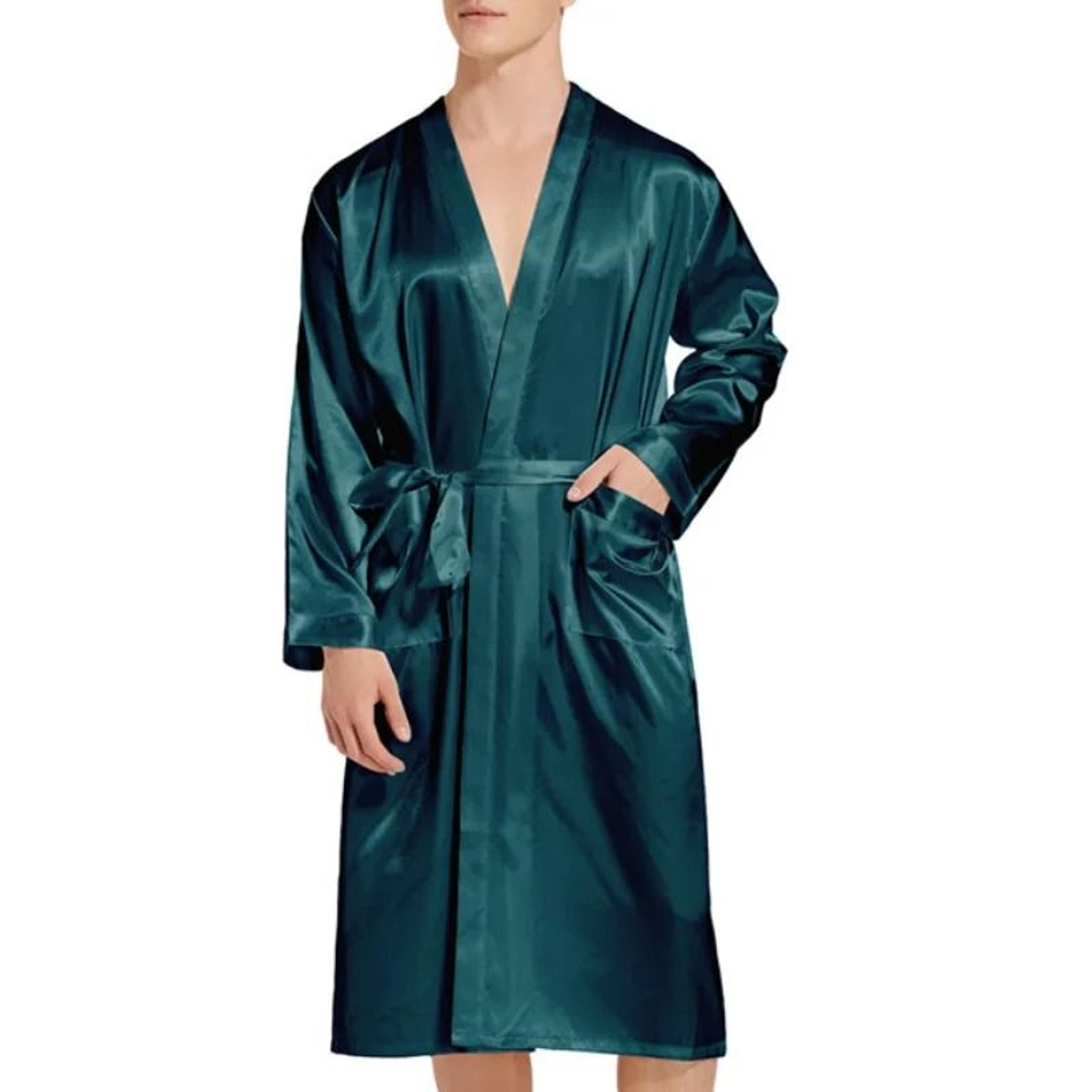 Premium Mens Silk Satin Bathrobe  Professional Navy Blue Wedding Kimono  Sleepwear Gown 3