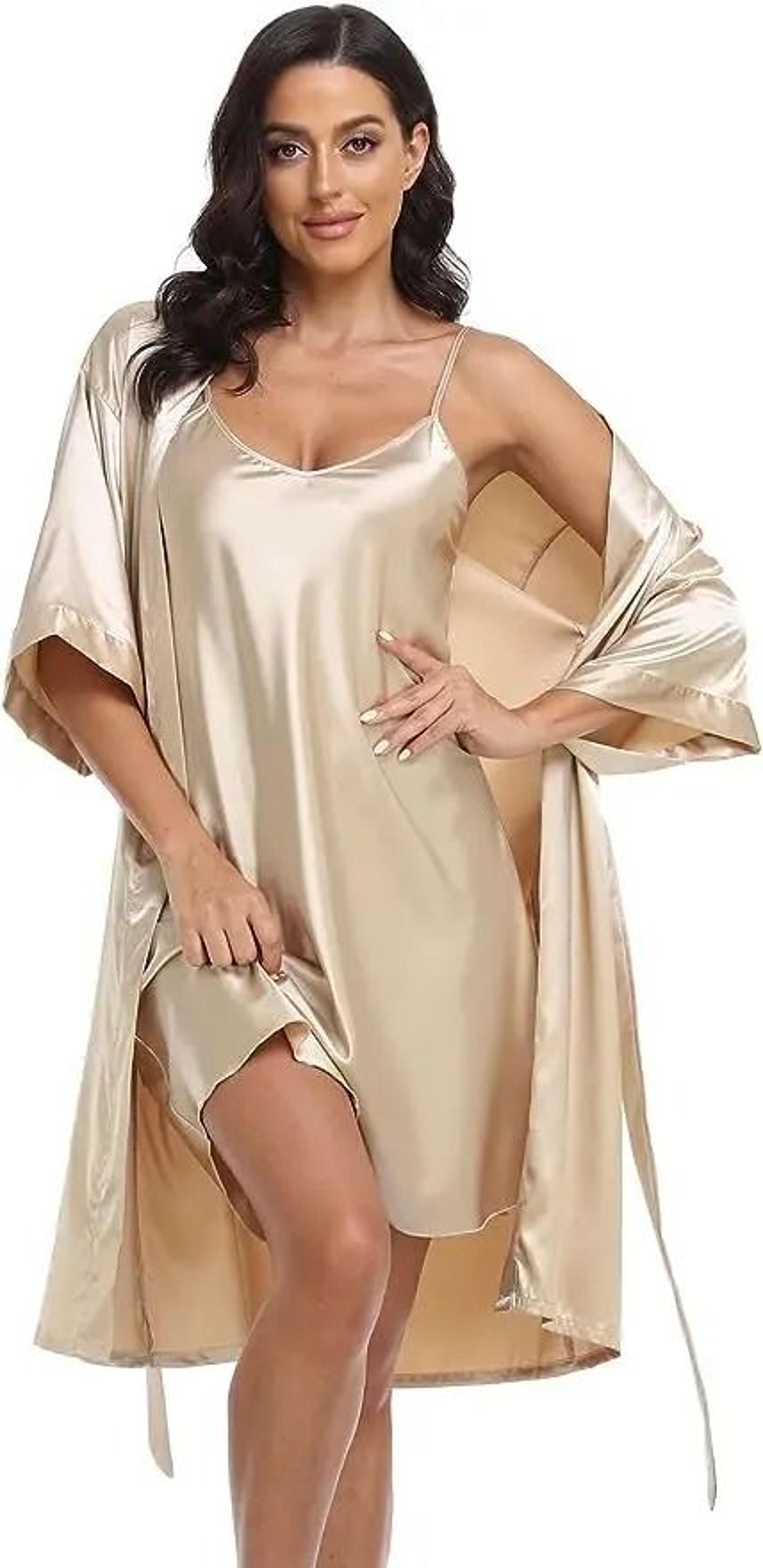 Silk Satin 2Piece Pajama Set  Professional Sexy Silky Pj Robe With Chemise Nightgown 5