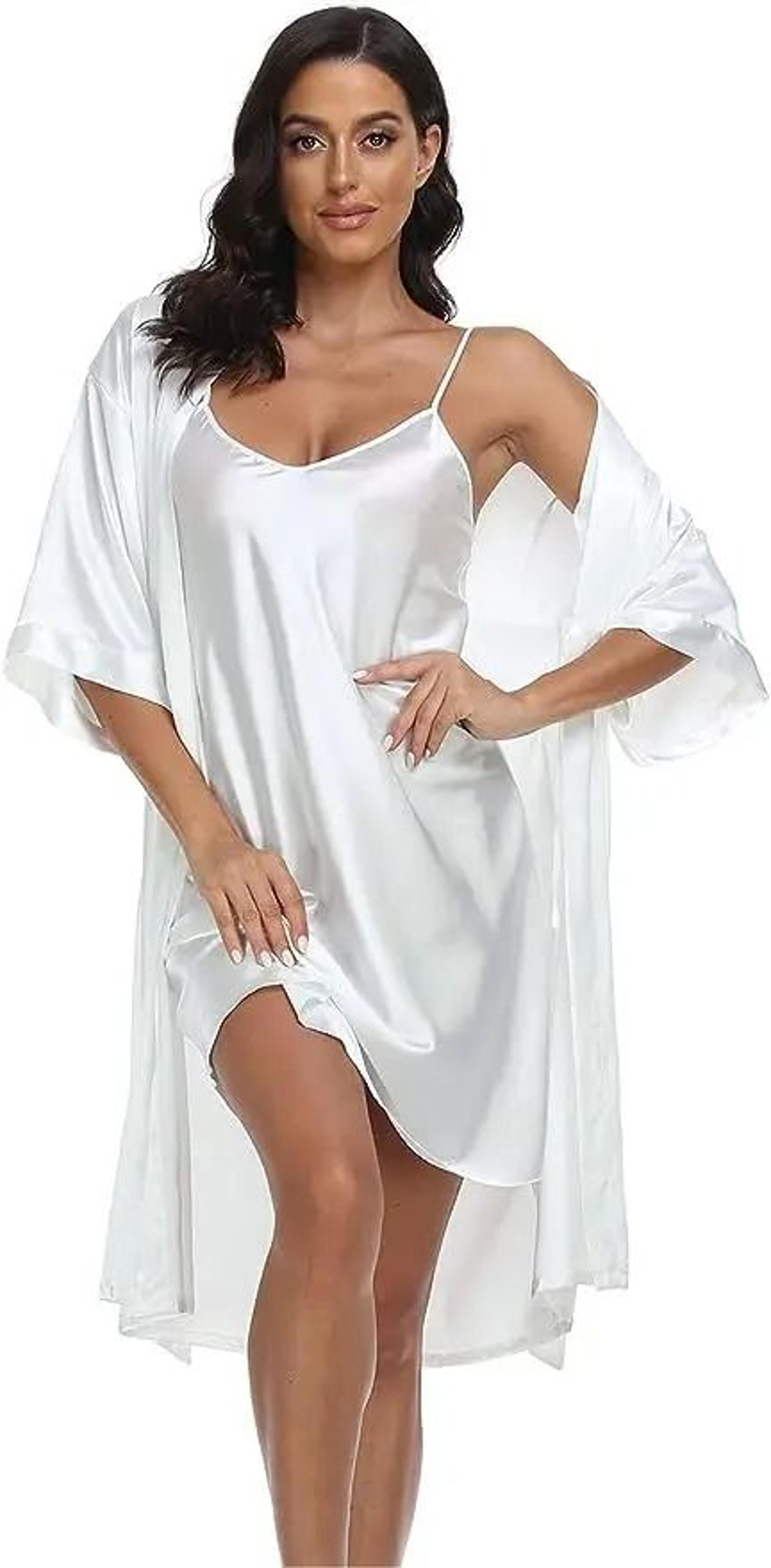 Silk Satin 2Piece Pajama Set  Professional Sexy Silky Pj Robe With Chemise Nightgown 6