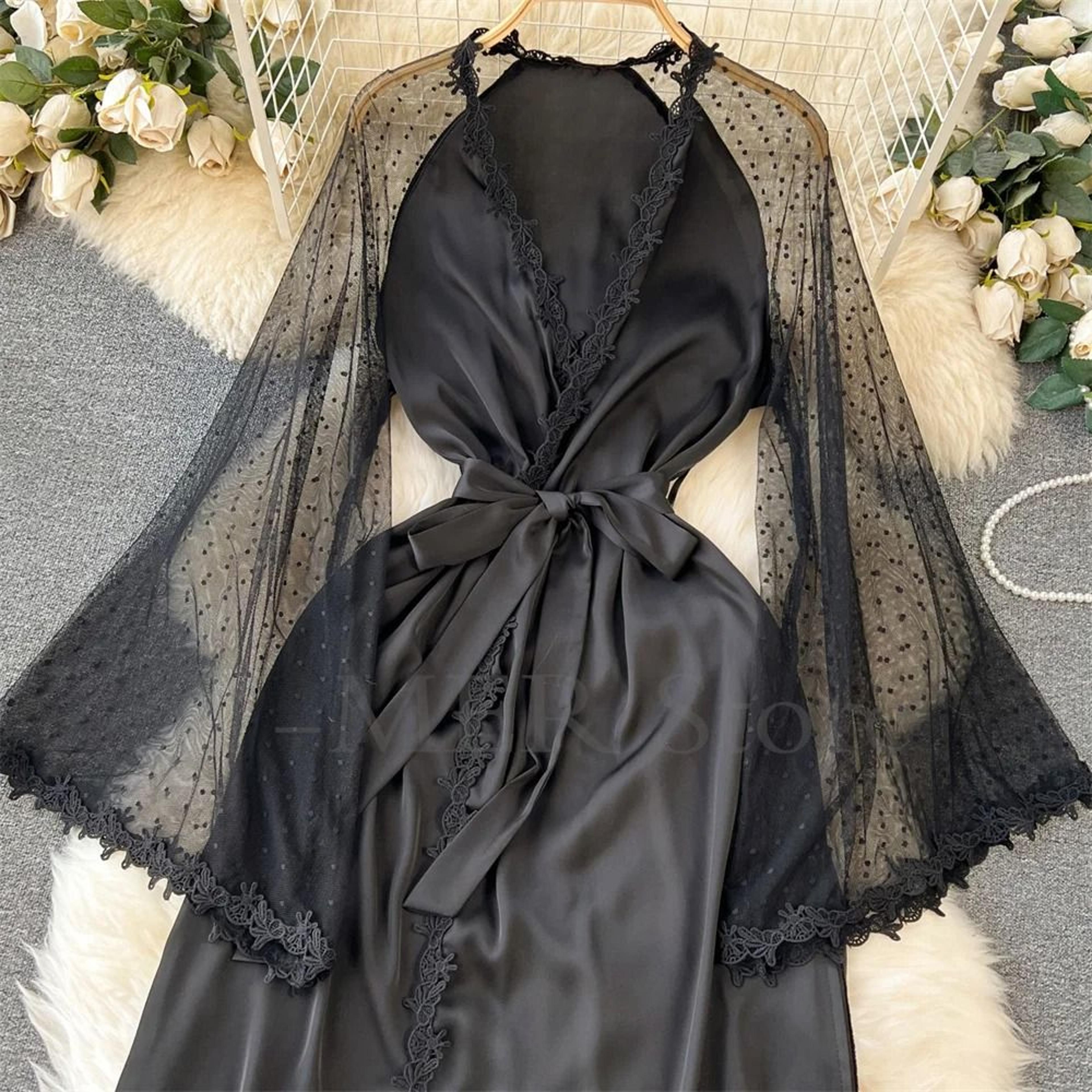 Sexy Embroidered Edge Kimono Robe  Professional Silk Satin Long Gown With Mesh Sleeves 1