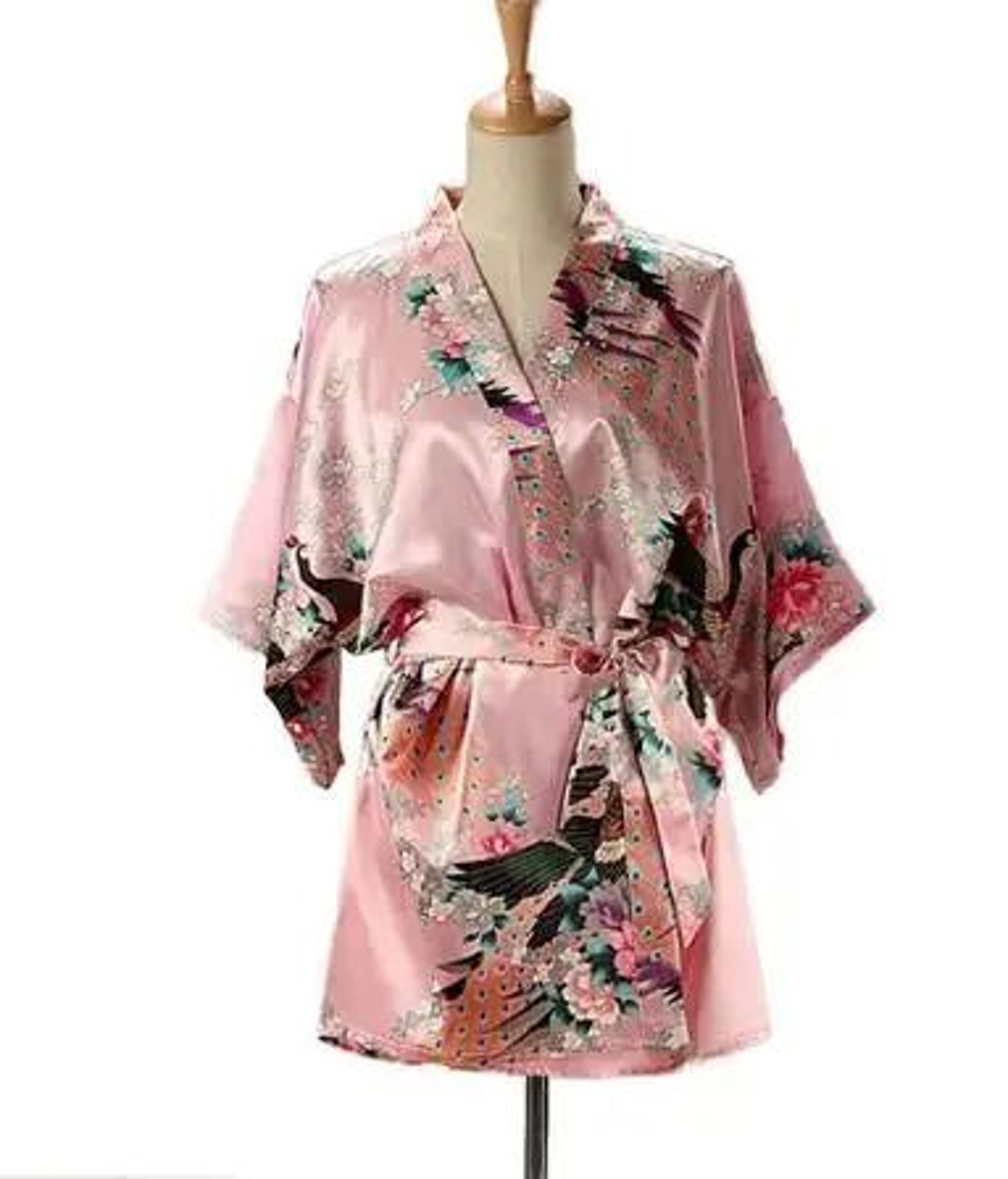 Peacock Print Japanese Kimono Yukata  Professional Silk Satin Short Nightgown  Bath Robe Costume 10