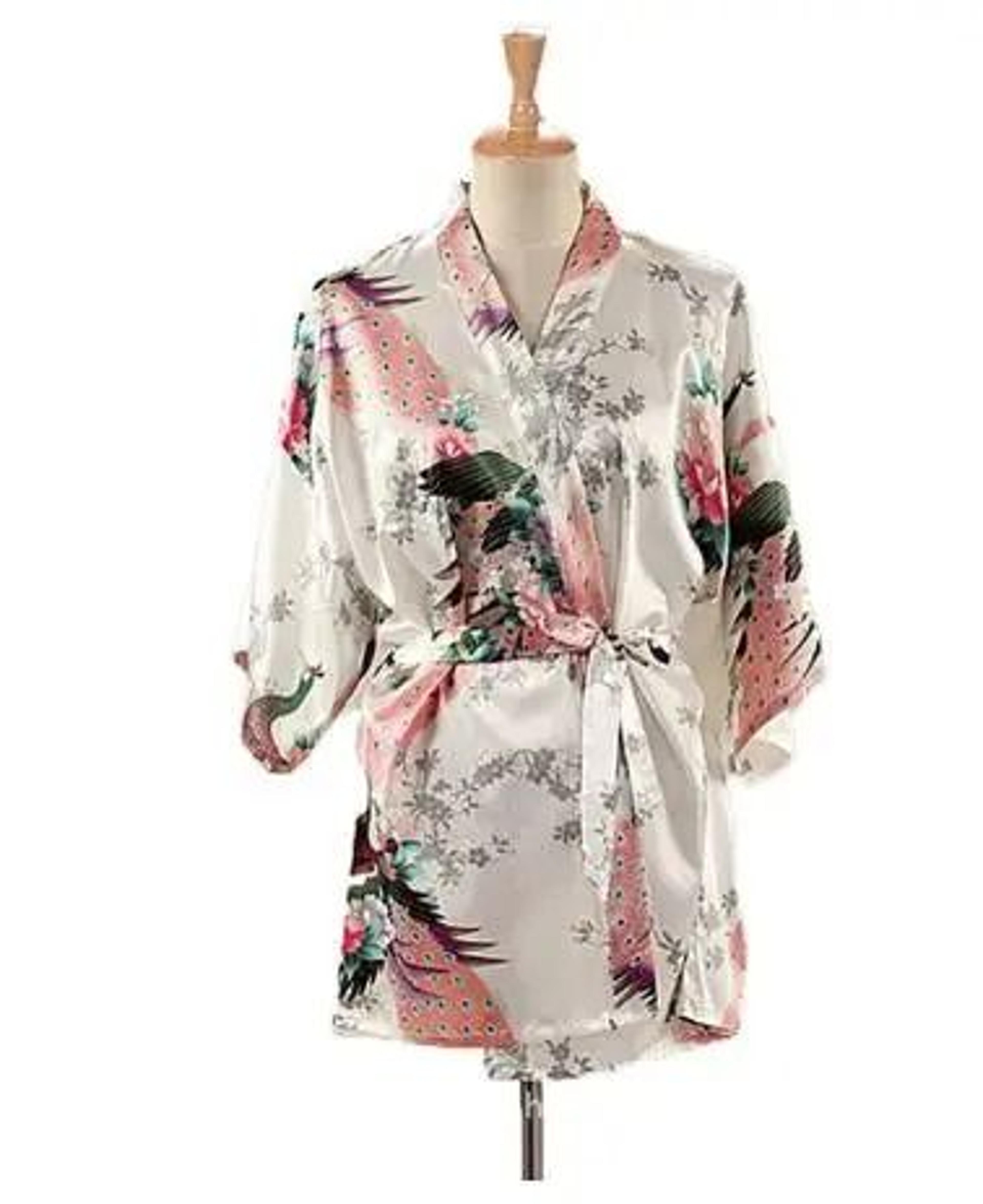 Peacock Print Japanese Kimono Yukata  Professional Silk Satin Short Nightgown  Bath Robe Costume 14