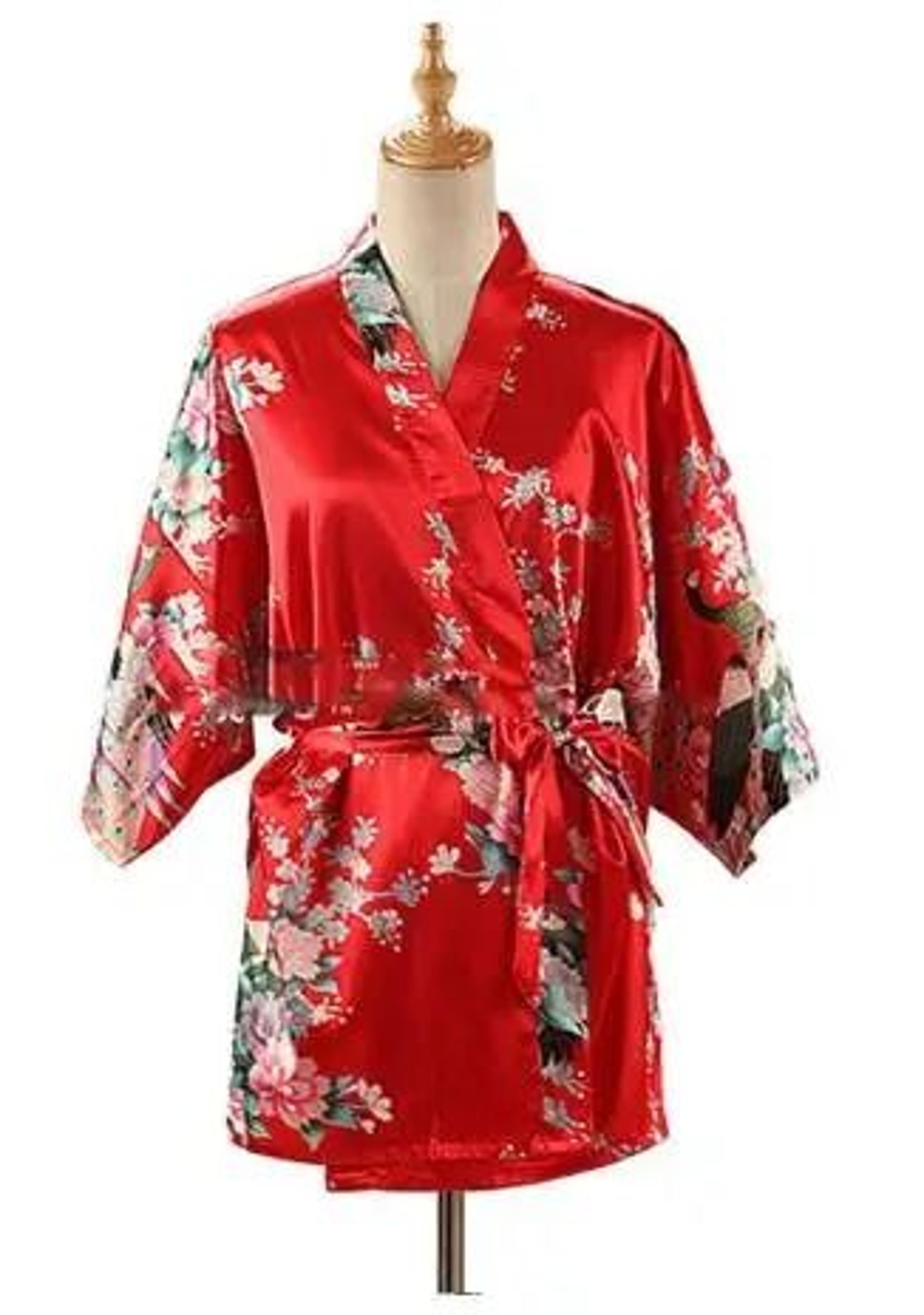 Peacock Print Japanese Kimono Yukata  Professional Silk Satin Short Nightgown  Bath Robe Costume 8