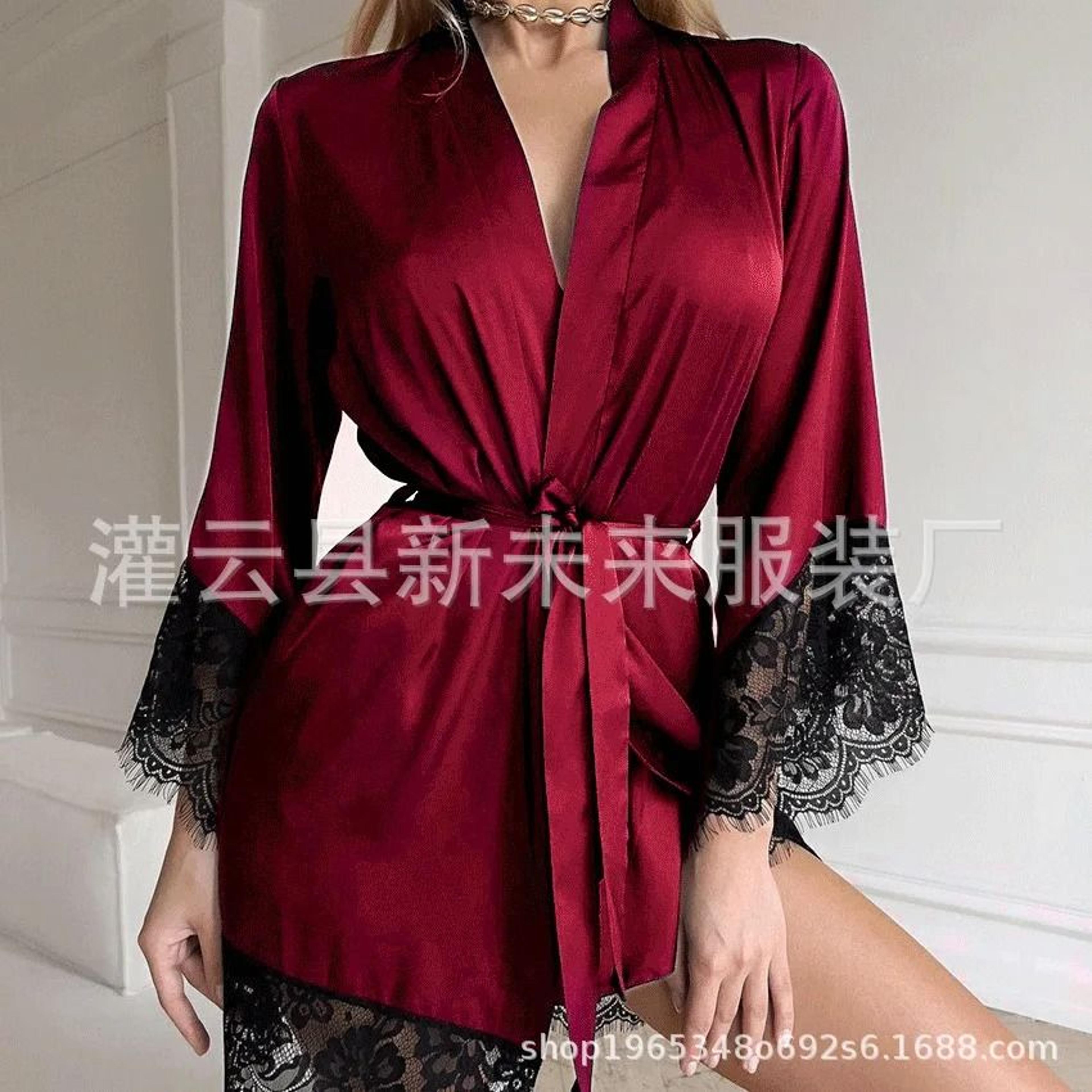 FrenchStyle Sexy Satin Nightgown  Robe  Professional VNeck Lace Bathrobe  Silky Sleepwear 10