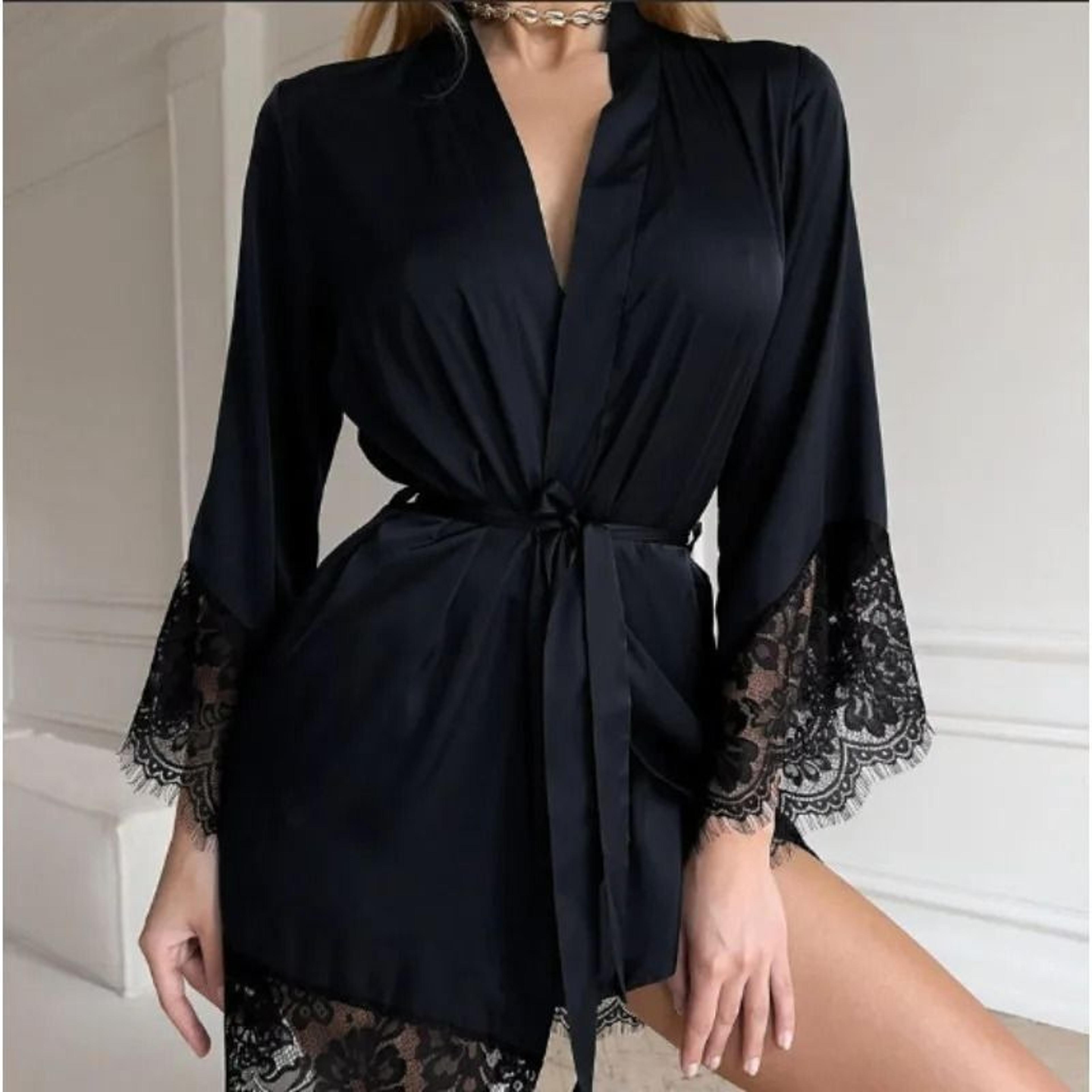 FrenchStyle Sexy Satin Nightgown  Robe  Professional VNeck Lace Bathrobe  Silky Sleepwear 5
