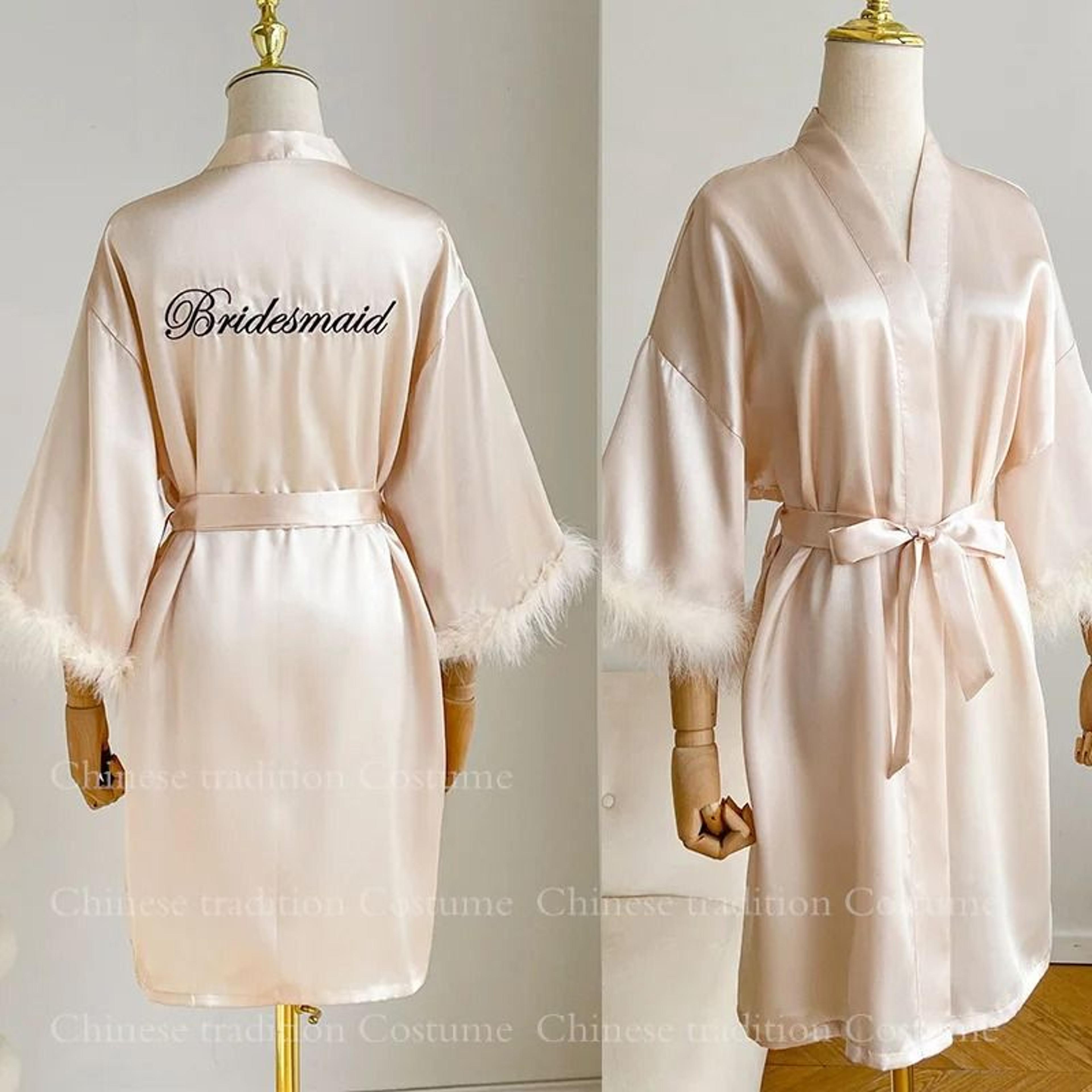 Luxurious White Bridal Feather Robe  Professional Satin Wedding Kimono  Sexy Bridesmaid Peignoir 12