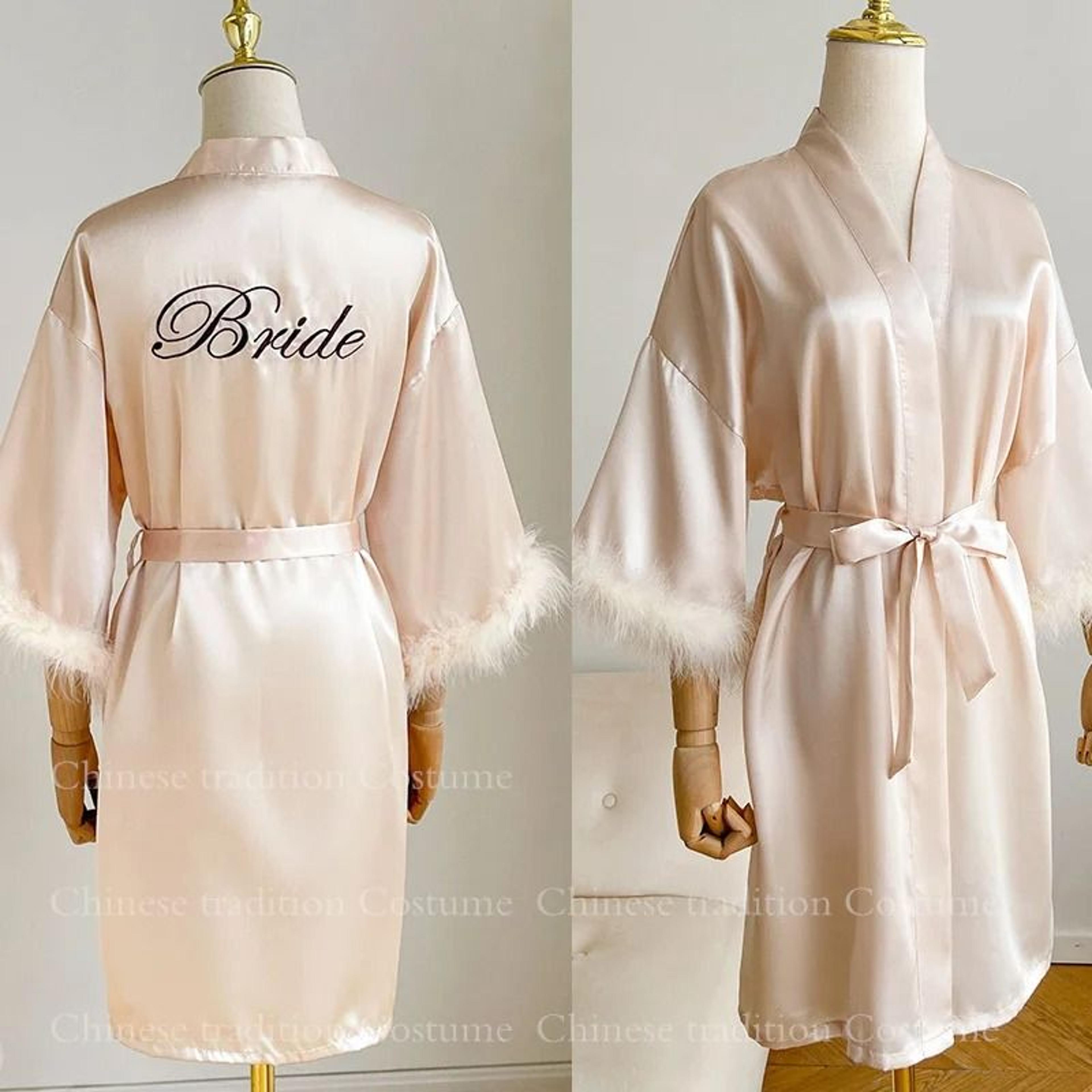 Luxurious White Bridal Feather Robe  Professional Satin Wedding Kimono  Sexy Bridesmaid Peignoir 3